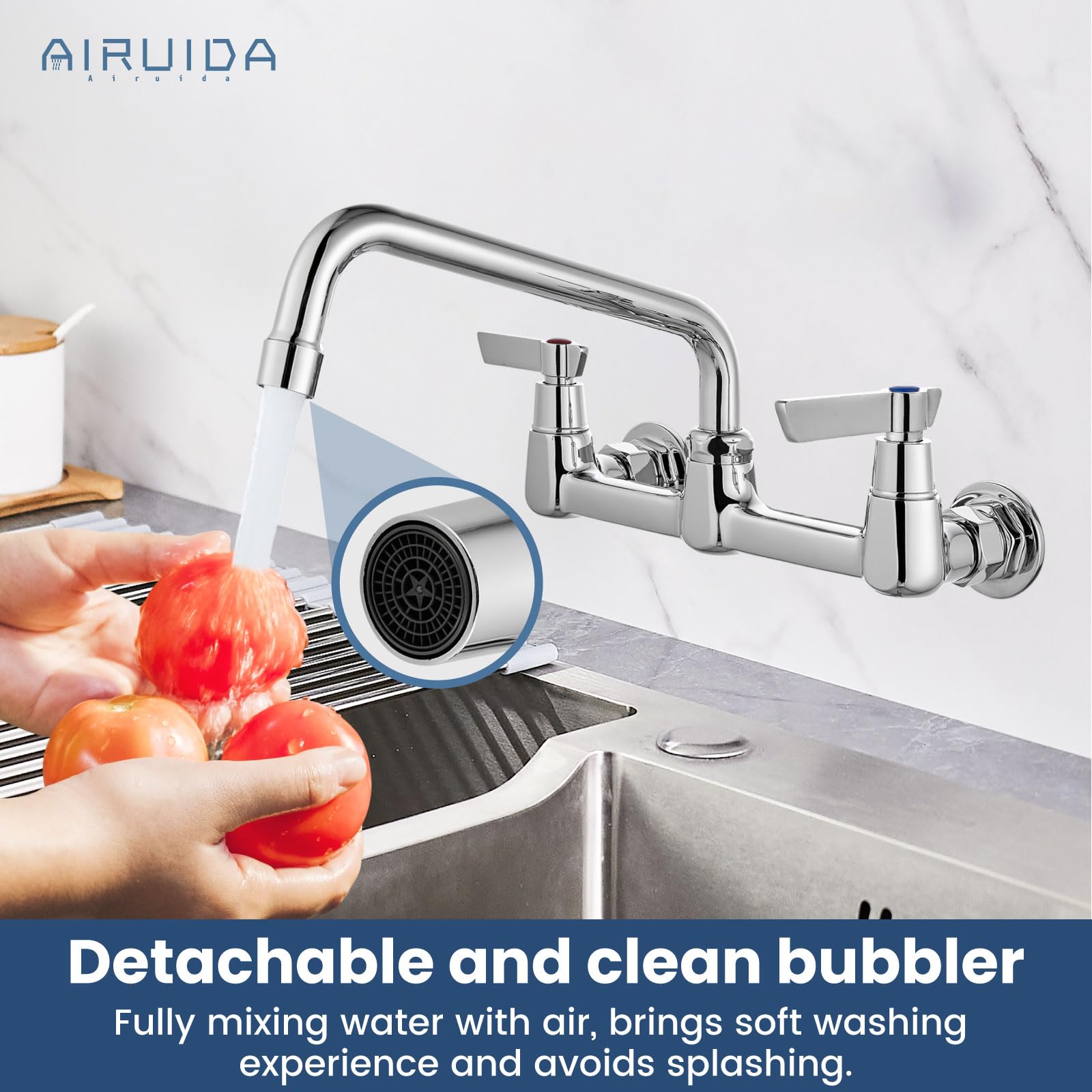 Airuida Chrome Polish Wall Mount Kitchen Sink Faucet Commercial Sink Faucet 8 Inch Center Kitchen Tap Restaurant Mixer For Laundry Room With 2 Hole Double Handles 360 Rotatable 8 Inches Swivel Spout