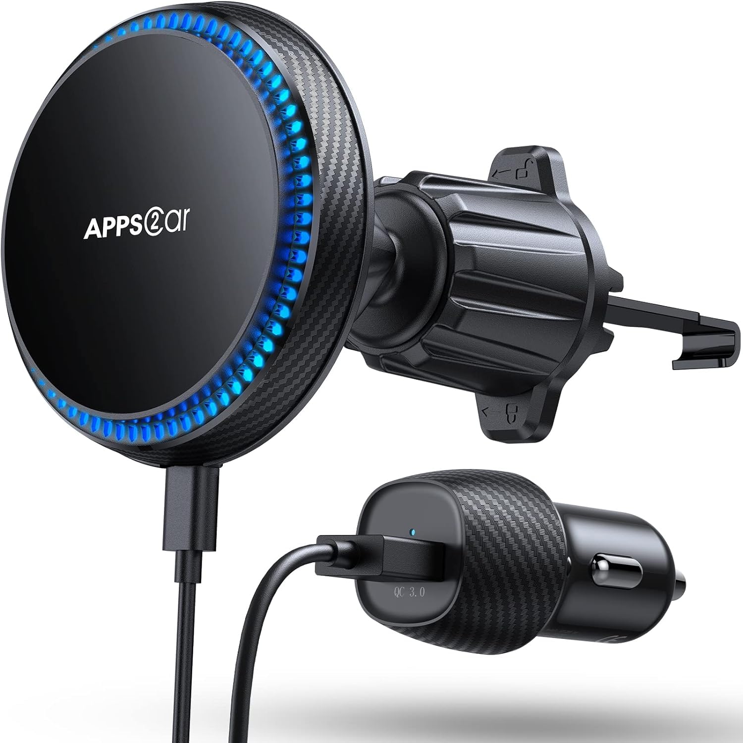 Apps2Car 15W Wireless Car Charger, Compatible With Magsafe, Magnetic Vent Mount For Iphone 16/15/14/13/12 Series, With 3200Rpm Cooling Fan Black