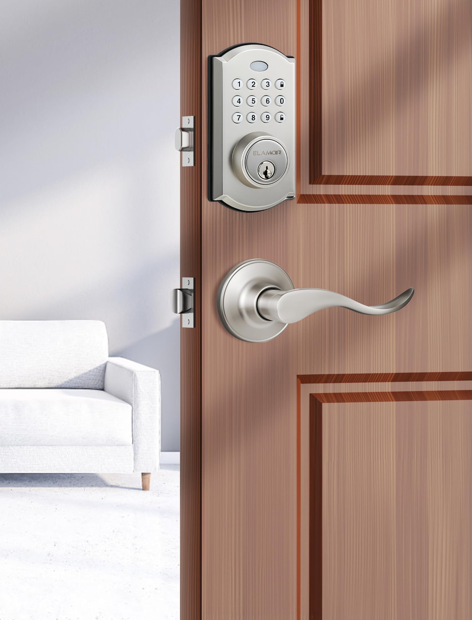 Elamor M19 Keyless Entry Door Lock With 2 Lever Handles, Auto Lock, 50 User Codes, Easy-To-Install Smart Door Lock For Front Door, Waterproof Security Handle Set, Home/Hotel Use, Sand Nickel