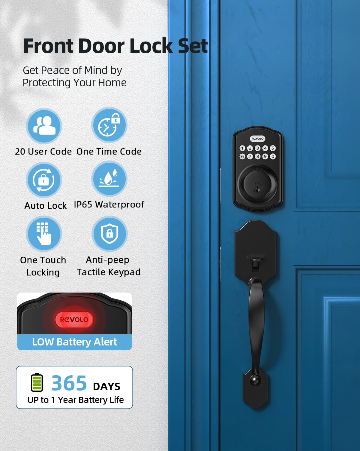 Revolo Re001 Electronic Keypad Deadbolt, Keyless Entry Door Lock, Keyed Entry, Auto Lock, Smart Lock With Handle, Front Door Handle Sets, Anti-Peeking Password, Sandblasted Black