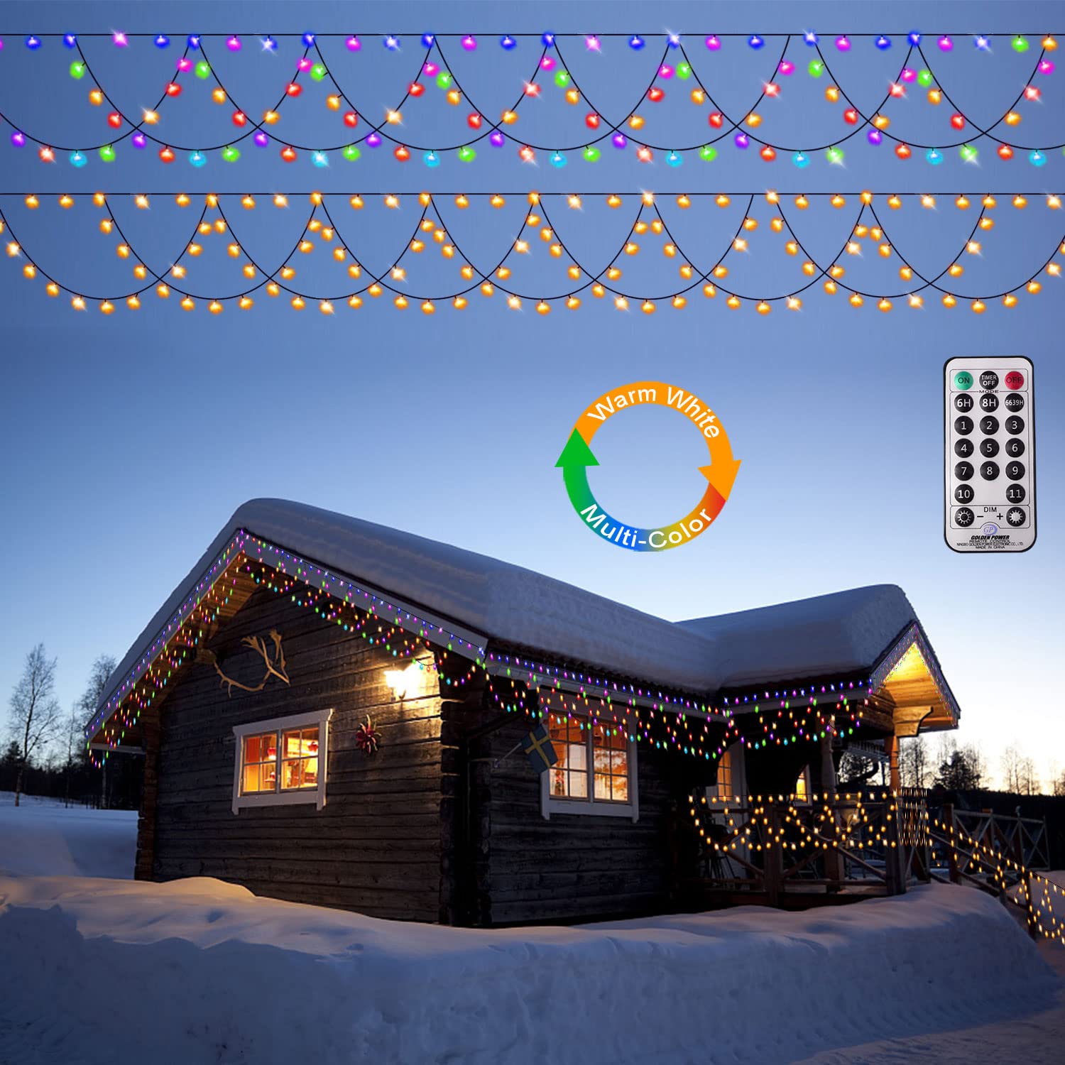Zhenqiu Led Christmas Lights Outdoor, 34Ft 380 Leds Christmas Half-Round String Lights, Extendable Plug In 8 Modes Waterproof Christmas Decoration For Yard Eaves Fence Roofing Wedding Party Decor