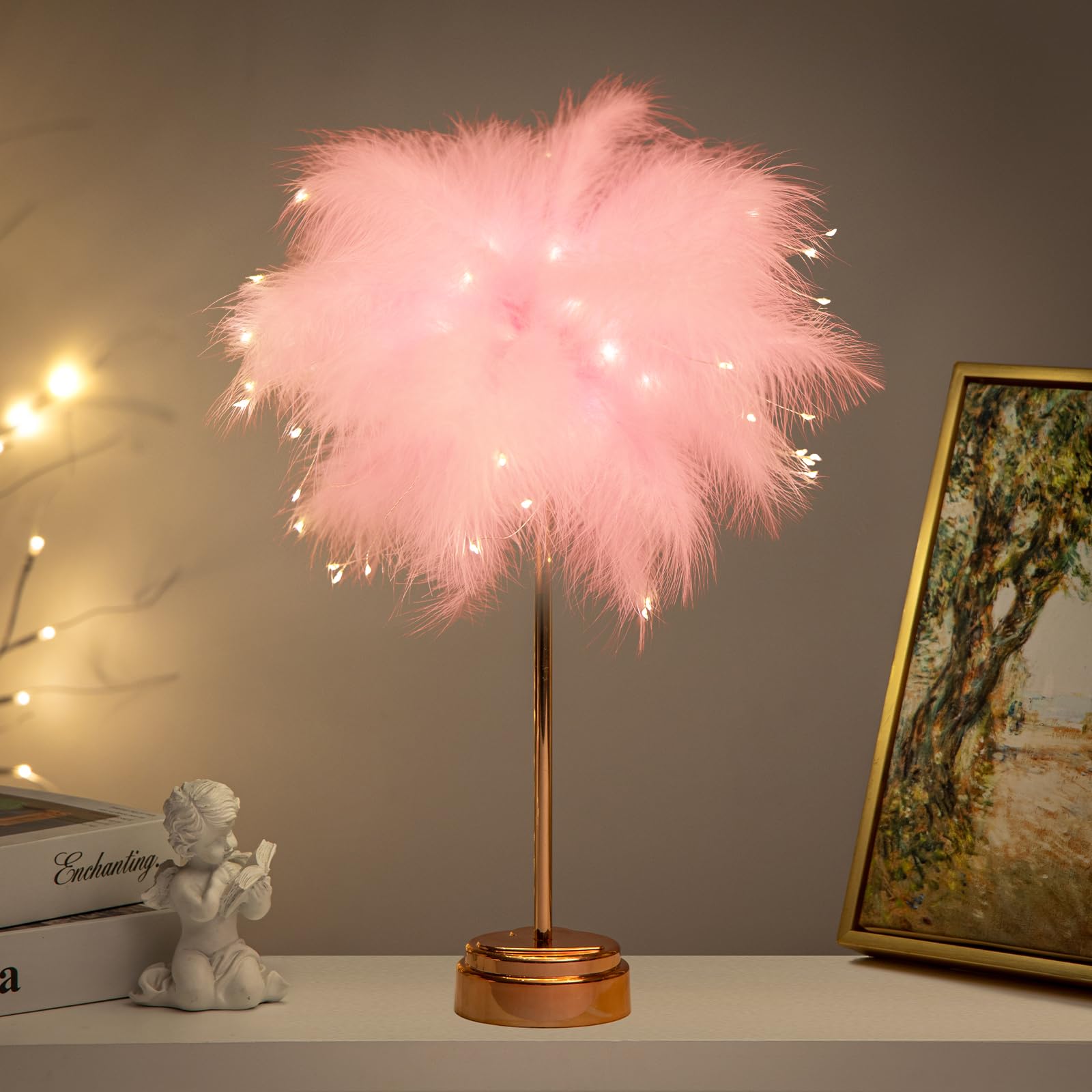 Bdusxyz Pink Feather Lamp - Led Atmosphere Feather Night Lights Bedside Lamps For Mother, Girlfriend Home Girl Room Wedding Decoration