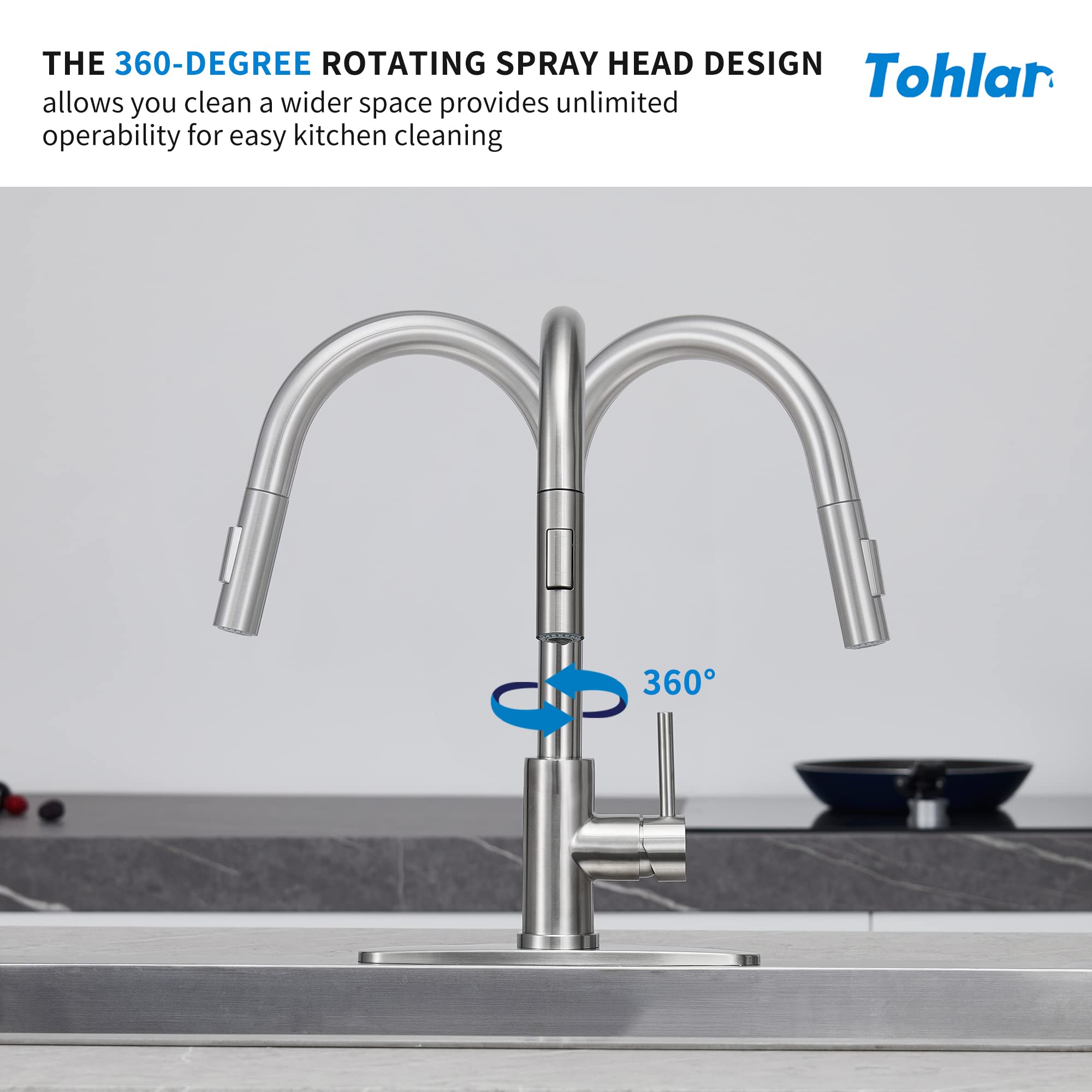 Tohlar Kitchen Sink Faucets With Pull-Down Sprayer, Modern Stainless Steel Single Handle Pull Down Sprayer Faucet With Deck Plate