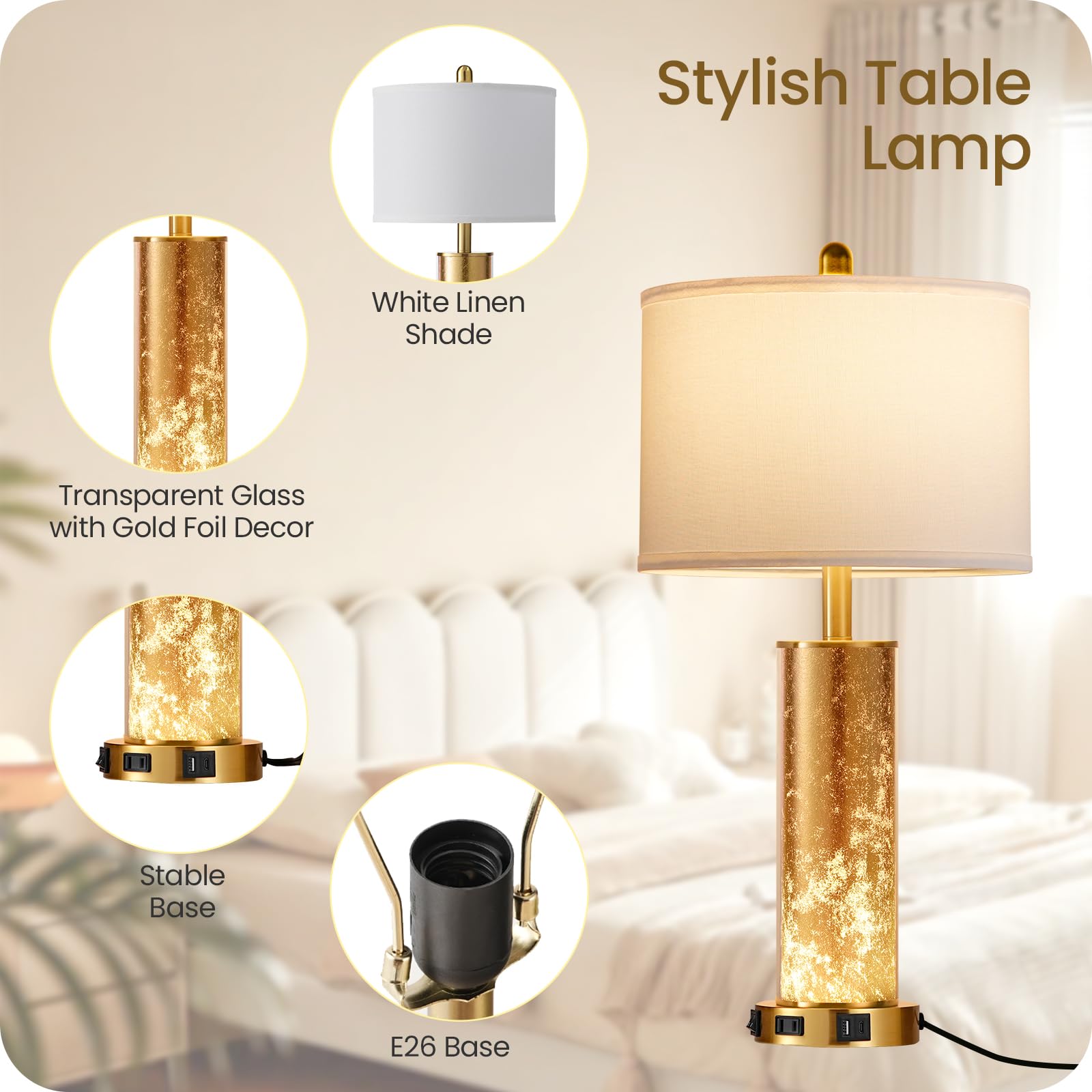 Goebleson 25.6" Modern Table Lamps Set Of 2, Tall Bedside Lamps With Nightlight, Nightstand Lamp With Ac Outlet, Usb A+C Ports, Desk Light For Bedroom, Living Room, Office, Led Bulbs Included W01Tl05