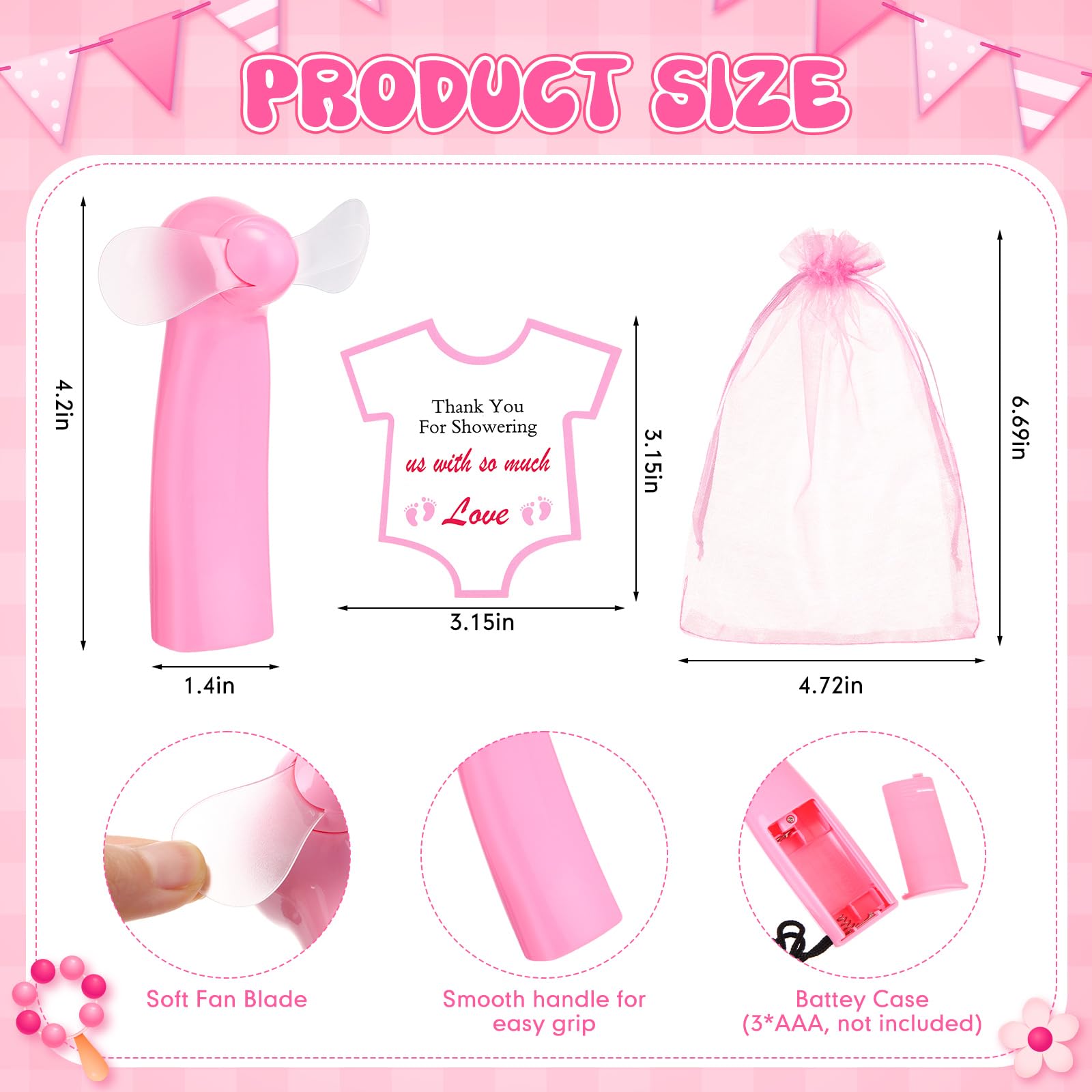 Portable baby shower fans in bulk with thank you cards, perfect for guests at events