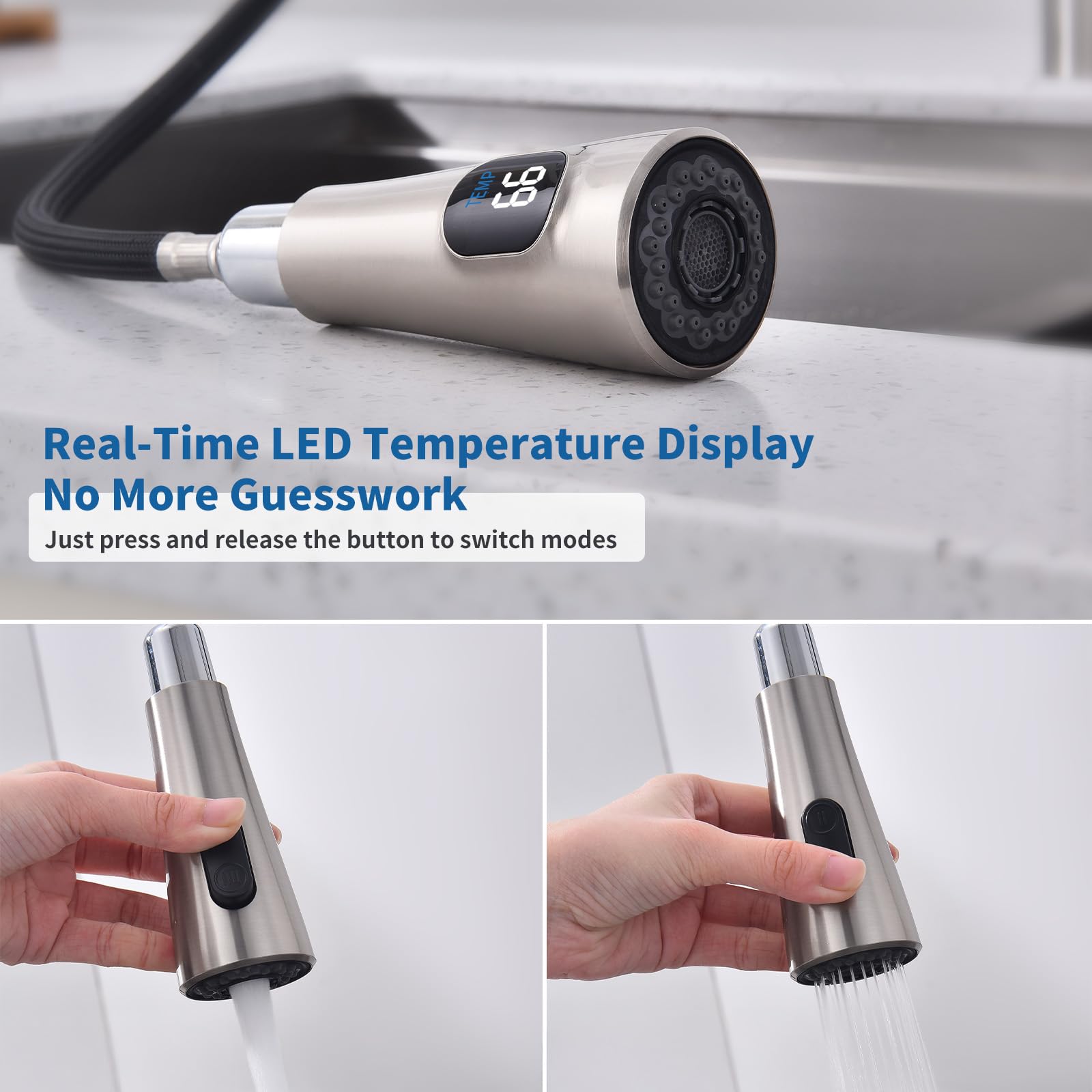 Homelody Pull Down Kitchen Faucet Head Replacement, Led Temperature Display Sink Spray Nozzle With 12 Adapters, Kitchen Sink Faucet Head Brushed Nickel