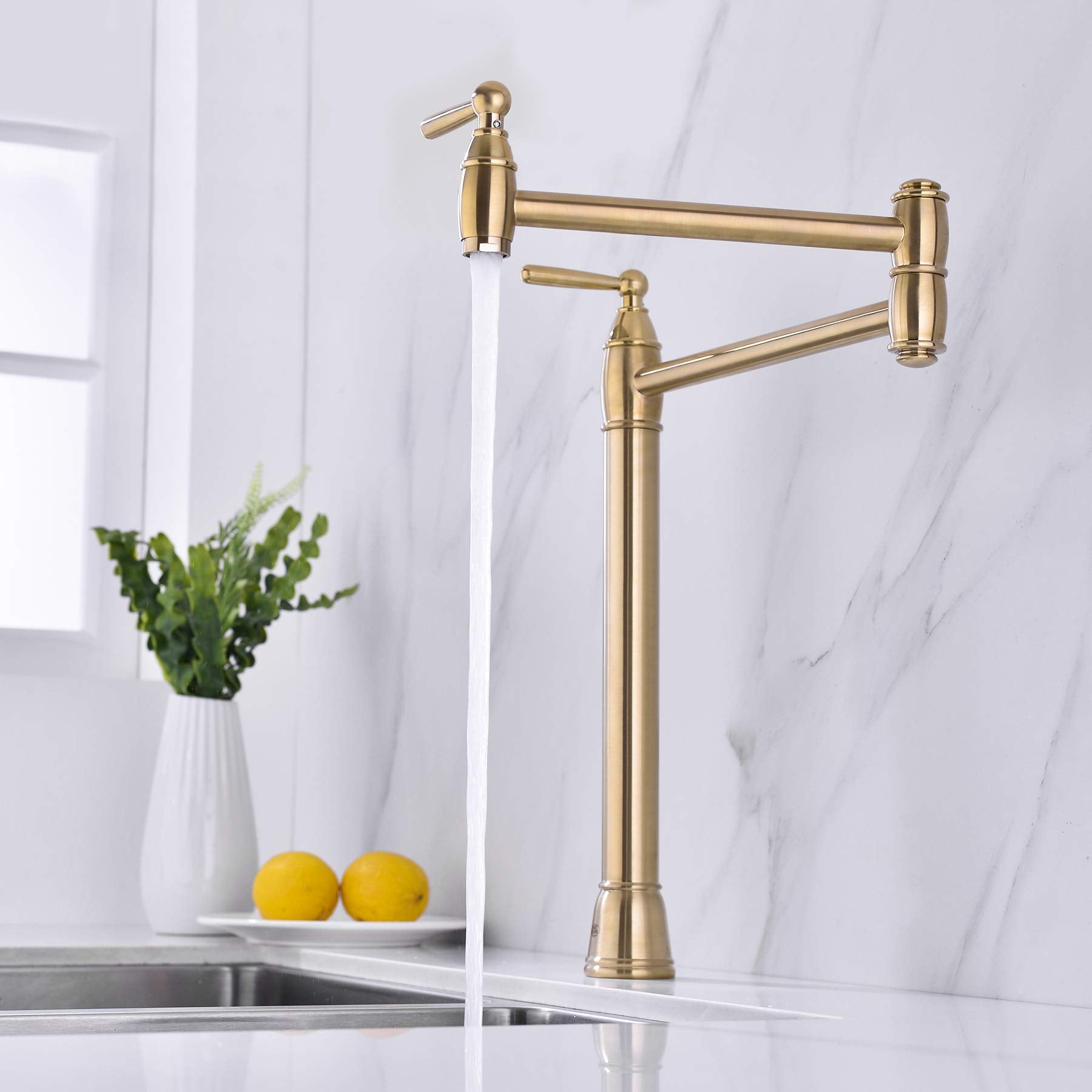 Avola Gold Pot Filler Deck Mount, Brushed Gold Pot Filler Faucet,Double Swing Kitchen Folding Countertop Faucet 2 Handle With Stretchable Double Joint Swing Arms Brass Stove Faucet