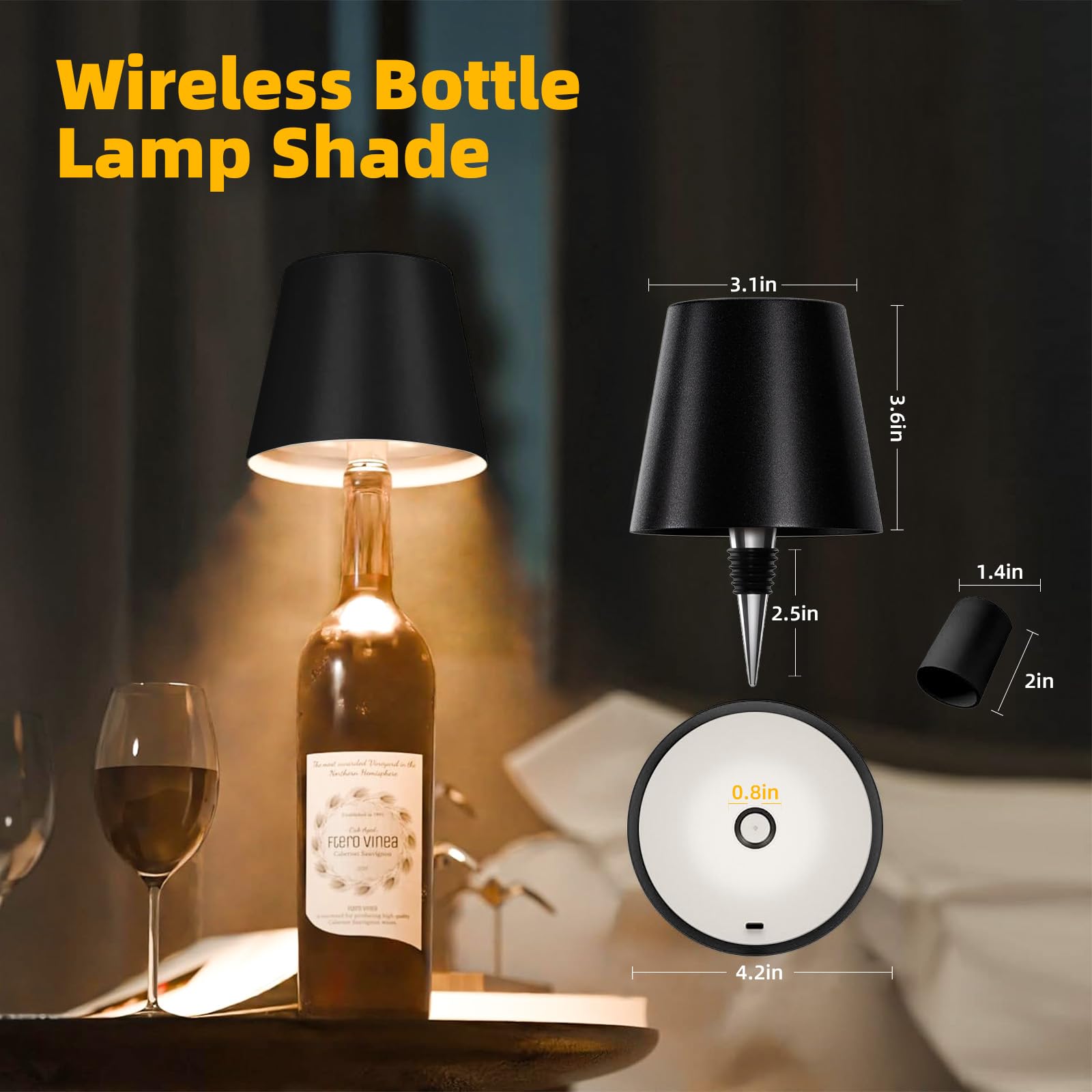 Mxcoirtp Wireless Bottle Lamp, Adjustable Brightness 3 Color Wine Bottle Light With 2 Lamp Bases, Touch Control Rechargeable Metal Waterproof Table Lamp For Dining Room/Bedroom/Bar, Black