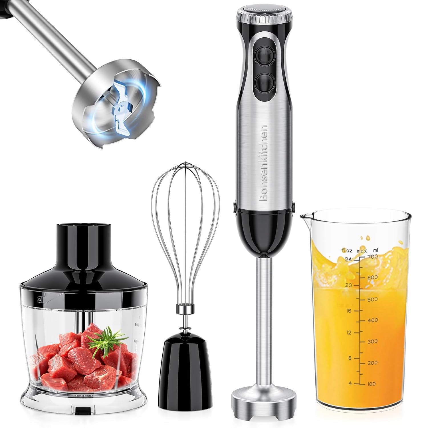 Bonsenkitchen Immersion Blender, 20 Variable Speeds & Turbo, 4-In-1 Stainless Steel Handheld Blender Stick, Egg Whisk, Perfect For Soups, Baby Food, Easy Clean, Versatile Kitchen Tool
