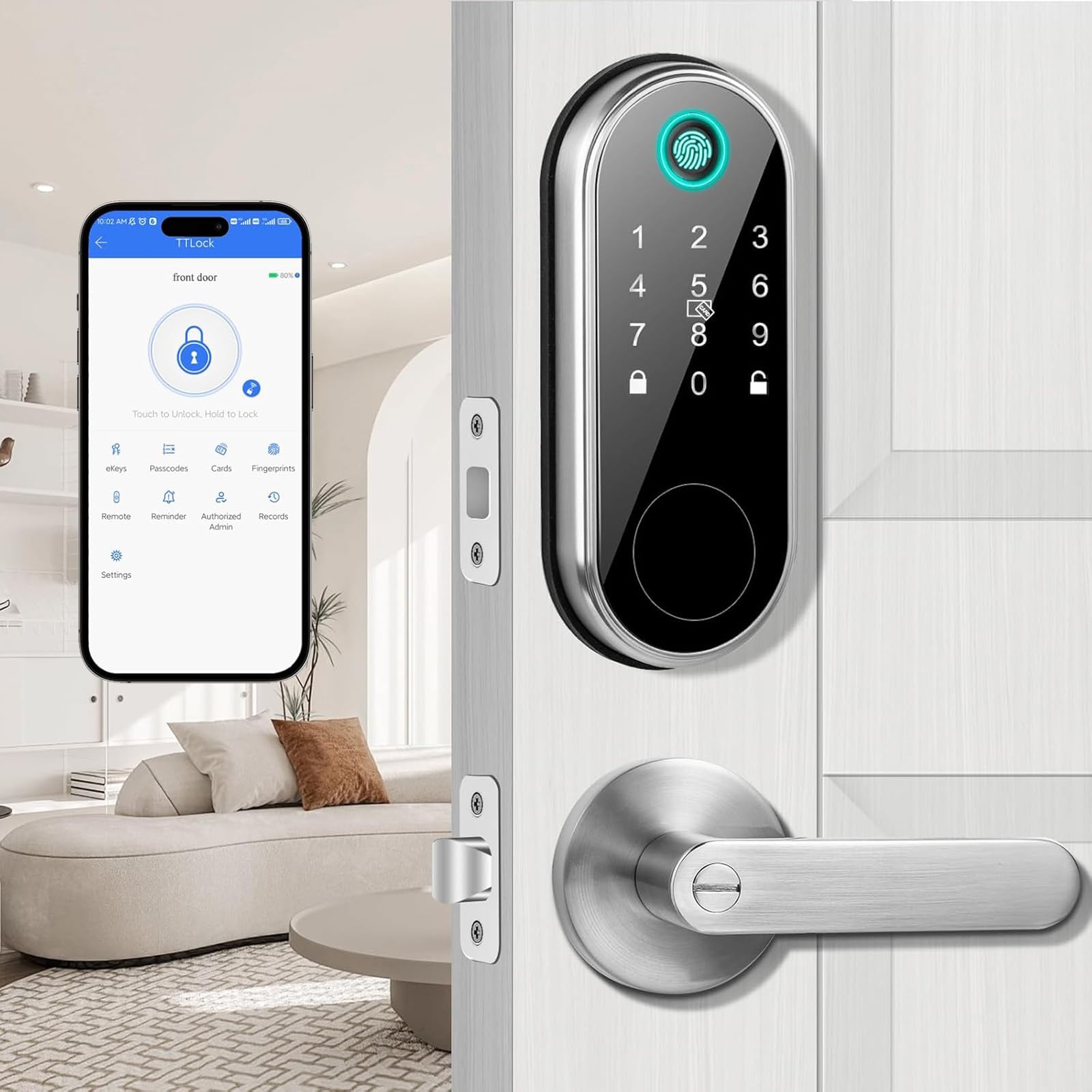 Narpult Smart Keyless Entry Door Lock With 2 Lever Handles, Smart Locks For Front Door, Fingerprint Smart Deadbolt, App Control, Electronic Keypad, Auto-Lock, Satin Nickel