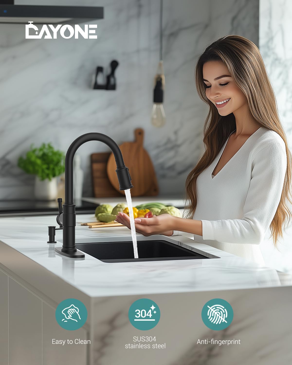 Dayone Matte Black Kitchen Faucets With Pull Down Sprayer, Single Handle Stainless Steel Kitchen Faucet One Hole High Arc Farmhouse Sink Faucets With Soap Dispenser, Day-136Mb