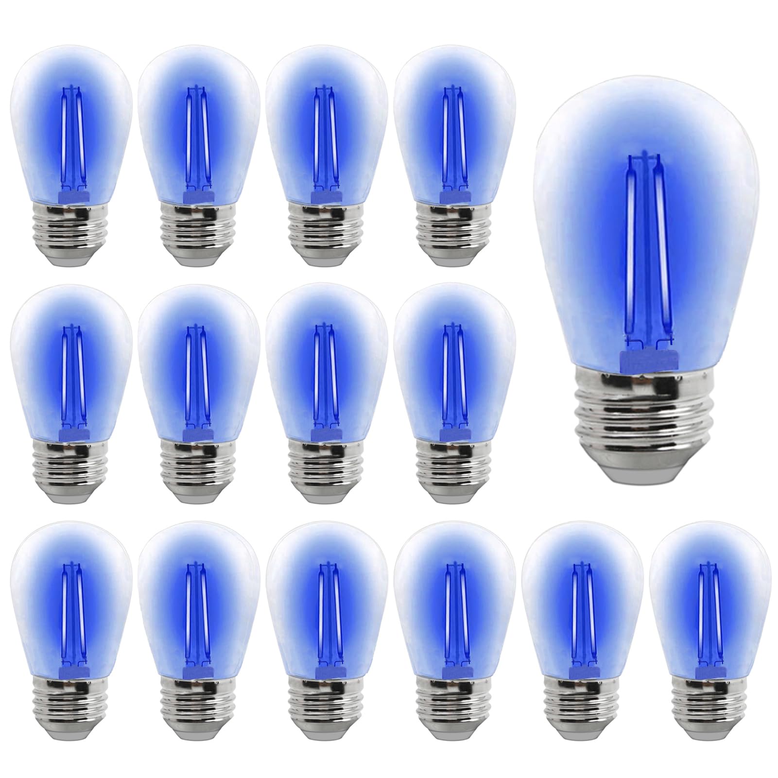 Lrsueyskin S14 Led Light Bulb 2W Blue Outdoor Replacement Bulbs Shatterproof Waterproof S14 Replacement Bulb Clear Plastic Vintage Led Filament Bulbs E26 E27 Base Decorative String Light Bulbs,15-Pack(Blue)