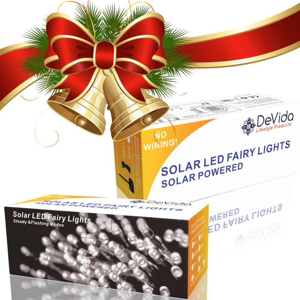Devida Solar String Lights 120 Warm White Led, Easy To Install, Automatically Turns On At Night, Outdoor Waterproof, 55 Ft Set Includes 13 Ft Lead Wire Plus 42 Ft Lighted Strands For Tree Wrap