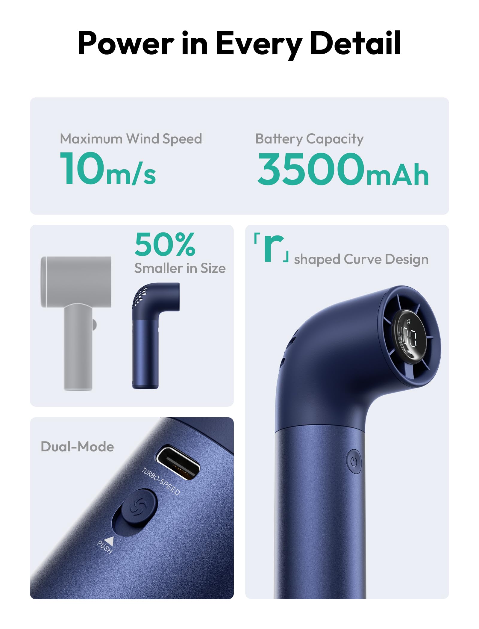 High-speed Aecooly handheld fan with 19000 RPM motor, 14 hours of cooling for outdoor and travel use