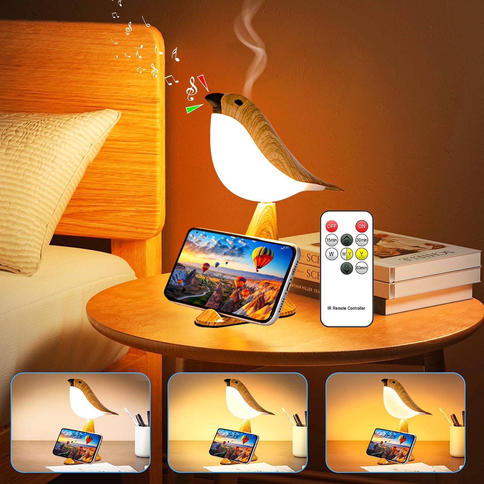 Godenba Small Desk Lamp, Small Bird Table Lamps,2600Mah Rechargeable Cordless Lamp, 3 Color Temperatures, Remote & Touch Sensor, Timer & Bird Sound, Portable Desk & Nightstand Lamp For Bedroom, Kids (Maple)