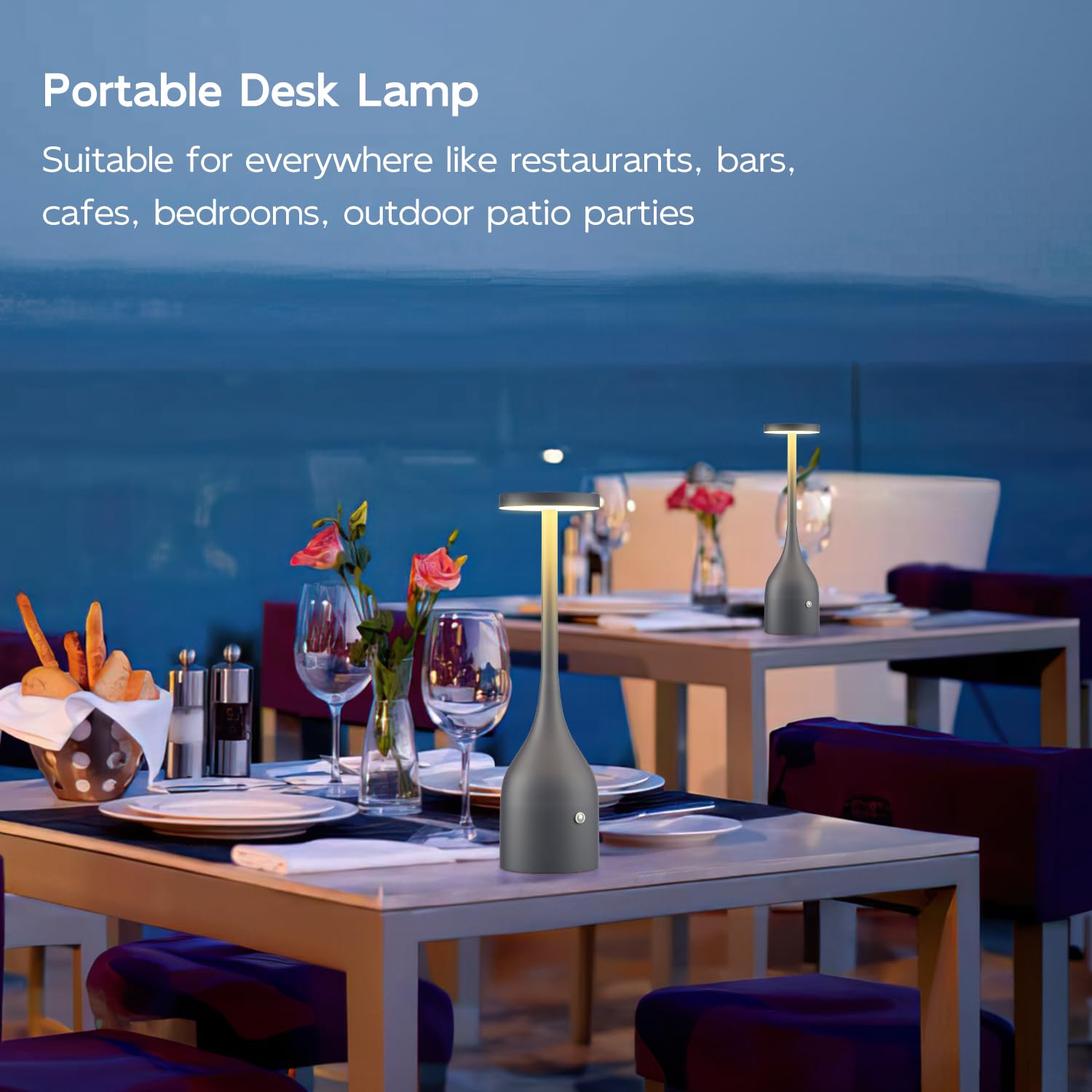 Yogaret 2 Pack Grey Rechargeable Table Lamps Cordless,5000Mah Battery Operated Led Table Light For Outdoor Patio Restaurant Dining Dinner Home Tabletop