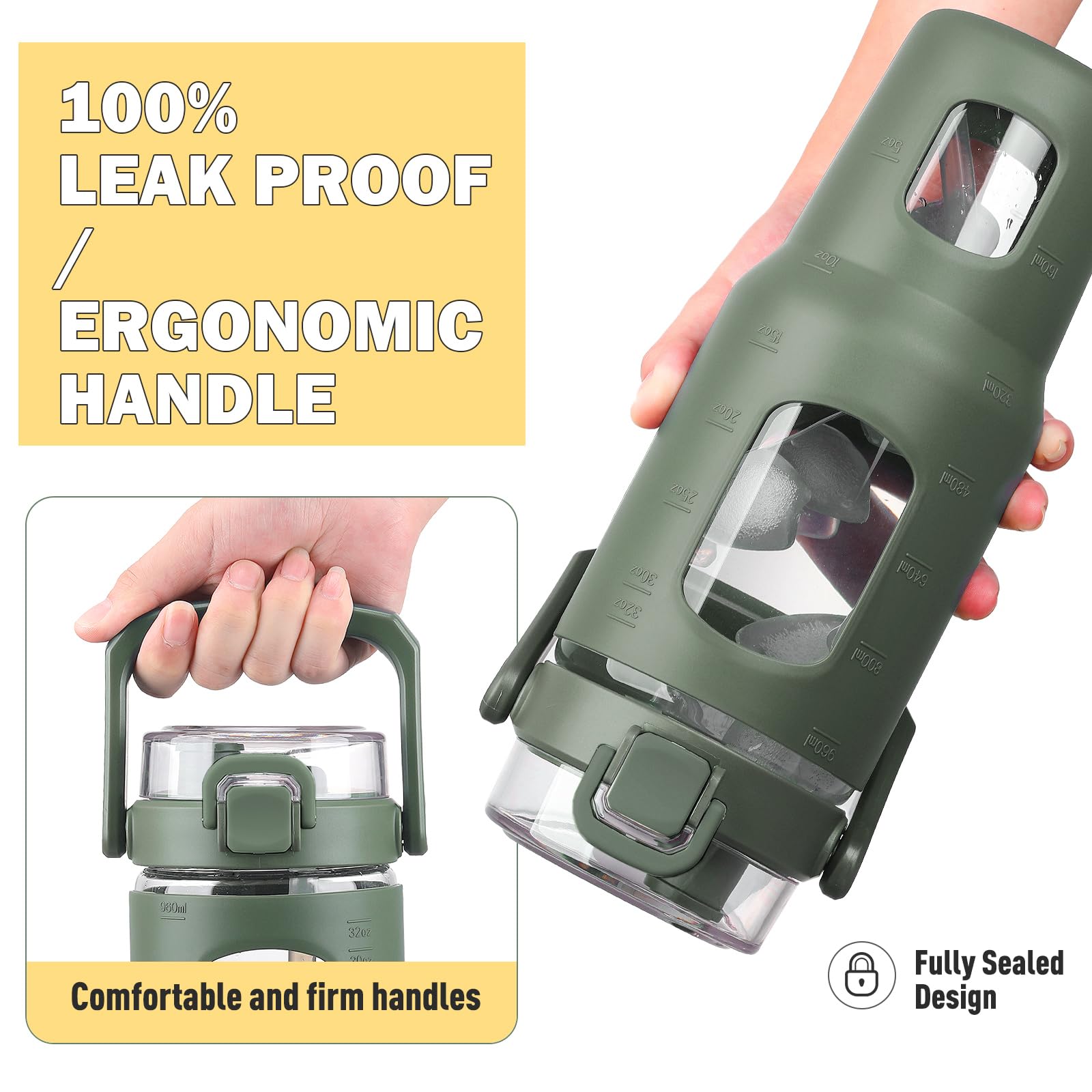 Bluego 32Oz Glass Water Bottle With Handle And StrawLeakproof Sports Glass Bottle With Time Marker