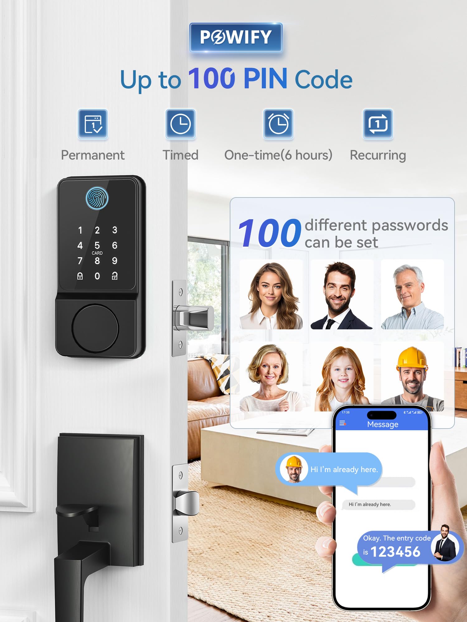 Powify Keyless Entry Door Lock With Handle, App Control Smart Front Lock Set, Keypad Door Lock With Handle, Keypad Deadbolt Auto Lock, Easy To Install, Bluetooth, Black