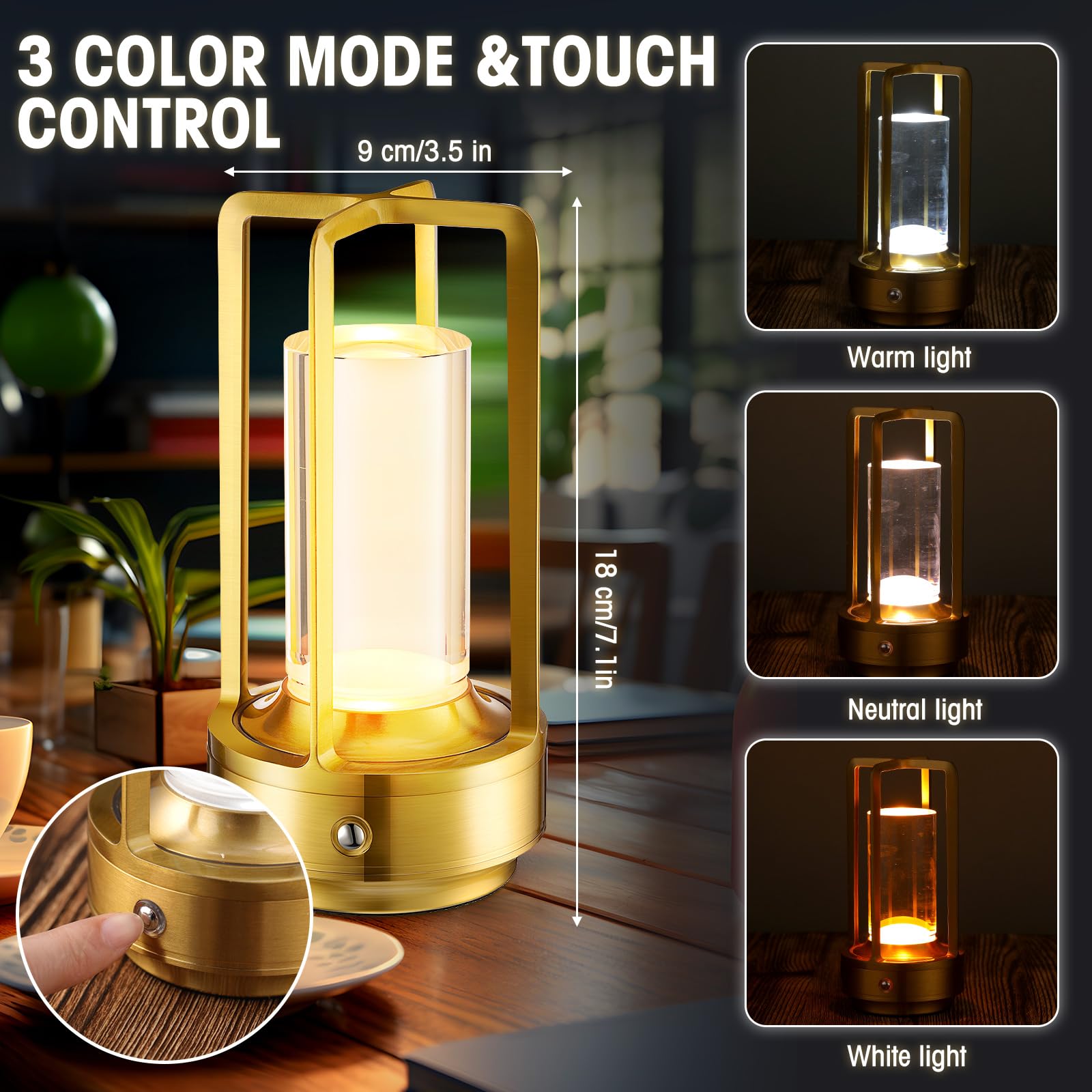 Honoson 2 Pcs Portable Metal Table Lamp Rechargeable Cordless Table Lamp For Indoor Outdoor 3 Colors Stepless Dimming Desk For Bedroom Restaurant Bar Camping(Gold)