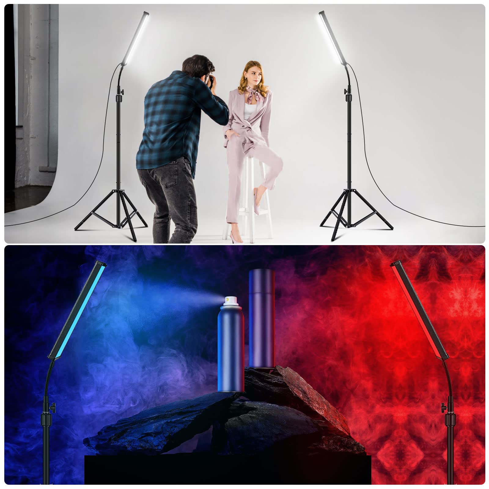 Altson Led Video Lighting Kit With Wand Stick - Photography Studio Light,Adjustable Tripod Stand,Vallkay 9 Color Filters 5600K Dimmable Portable Stand For Live Streaming/Portrait Photo/Vlog, Black (D4002)