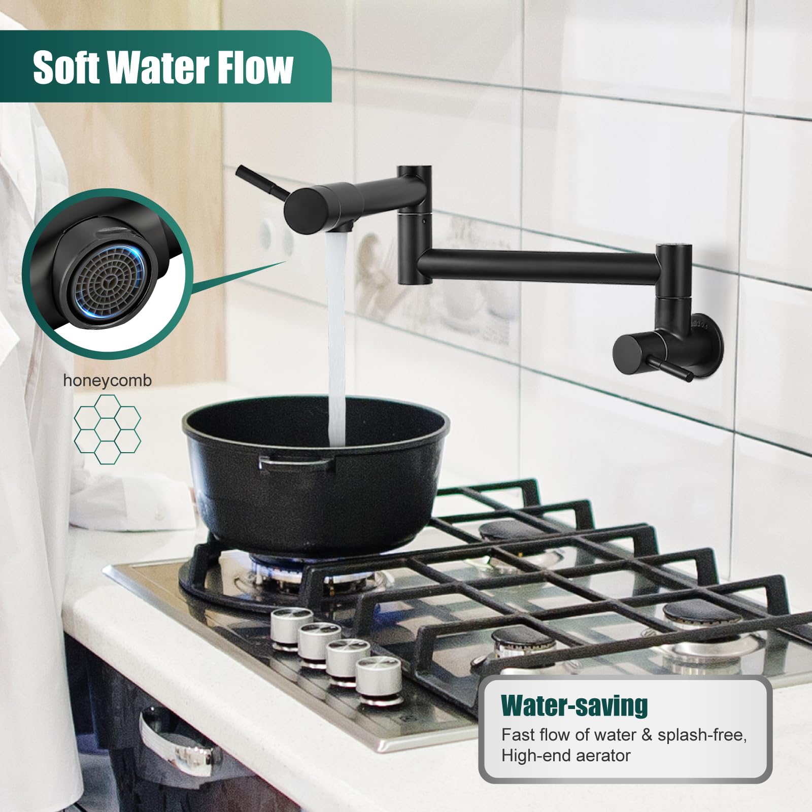 Heyalan Pot Filler 19 Inch Wall Mount Folding Stretchable Kitchen Restaurant Faucet Stainless Steel Pot Filler Double Joint Swing Arm Two Handles Commercial Npt,Straight Handle,Matte Black