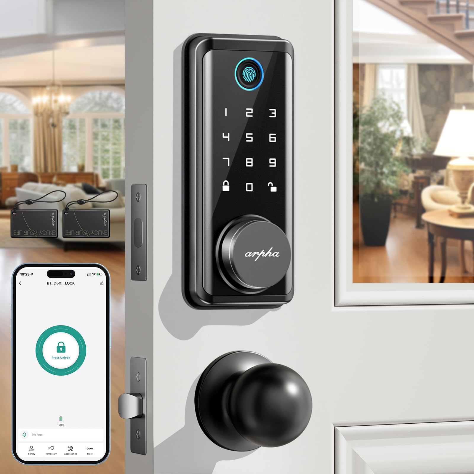 Arpha Keyless Entry Door Lock Deadbolt With Handle Set, 5-In-1 Fingerprint Keyless Entry Door Lock – App Control,Fob, Anti-Peep Keypad Code, Auto Lock, Easy To Install, Waterproof