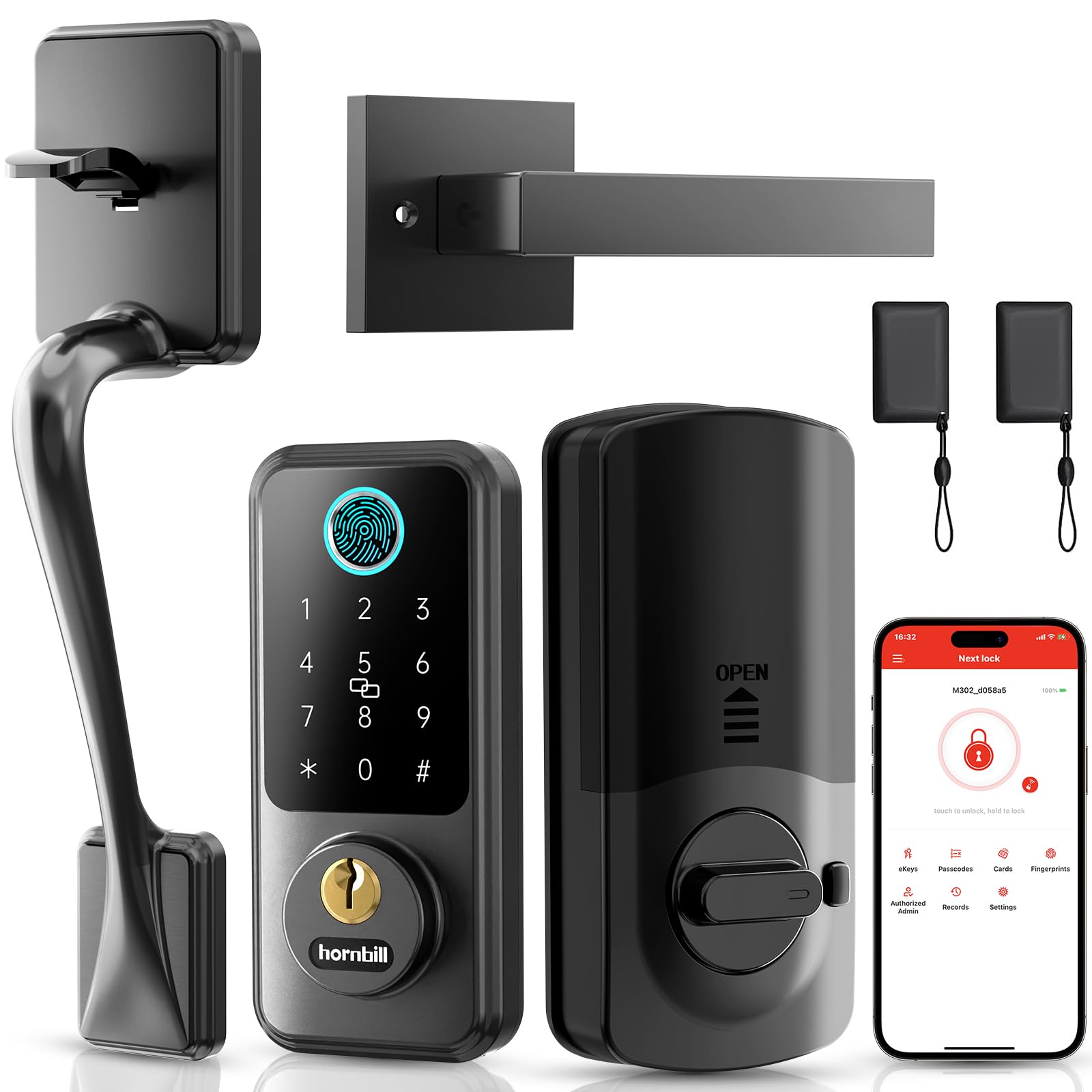 Hornbill Keyless Entry Smart Lock Set, Electronic Deadbolt Front Door Lockset, Keypad Entry Door Lock For Airbnb House Back Front Door, Matte Black