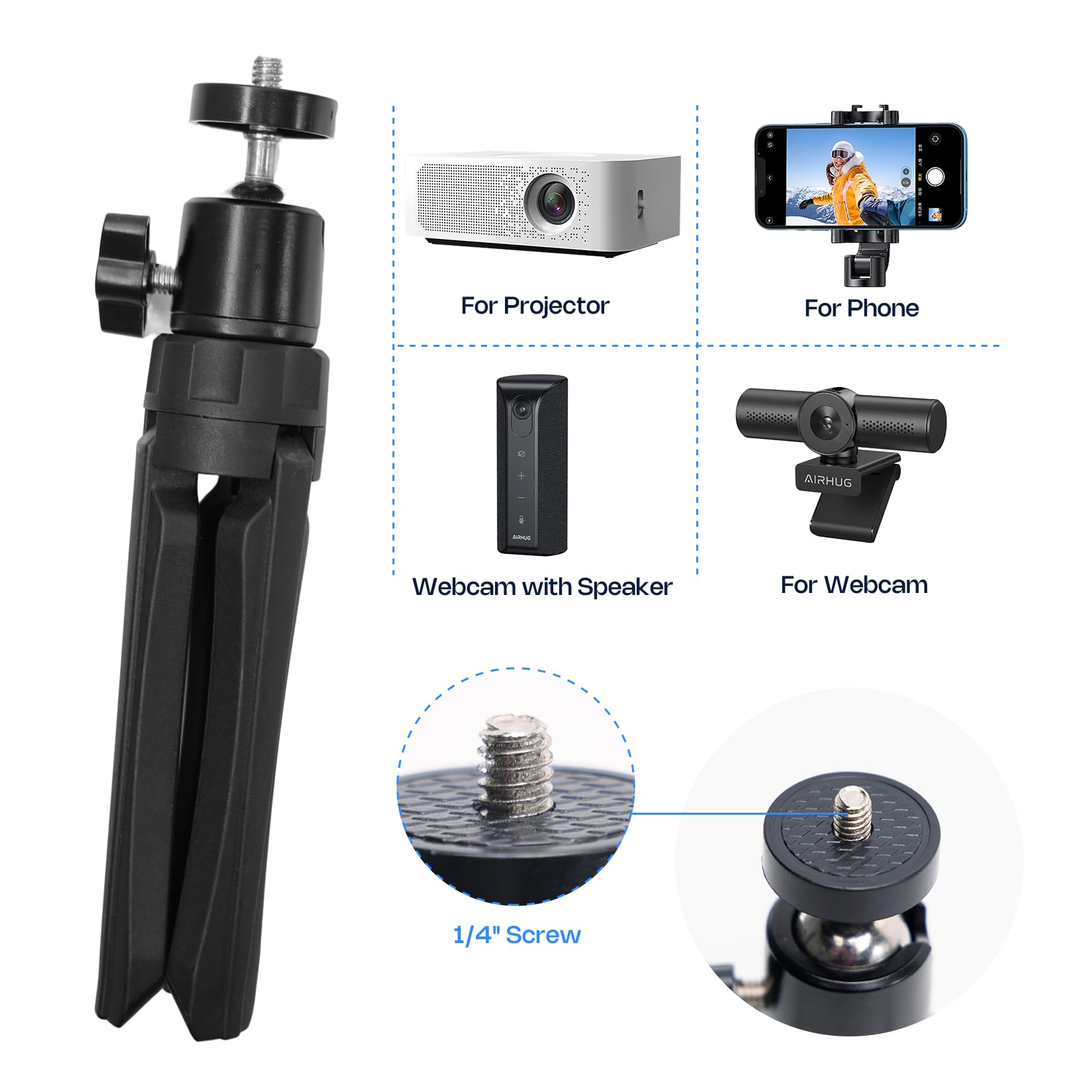 Airhug Mini Tripod, Desktop Stand, Portable, Compact, With 1/4" Screw, 360 Tripod Ball Head, Suitable For Cameras, Webcams, Ring Light