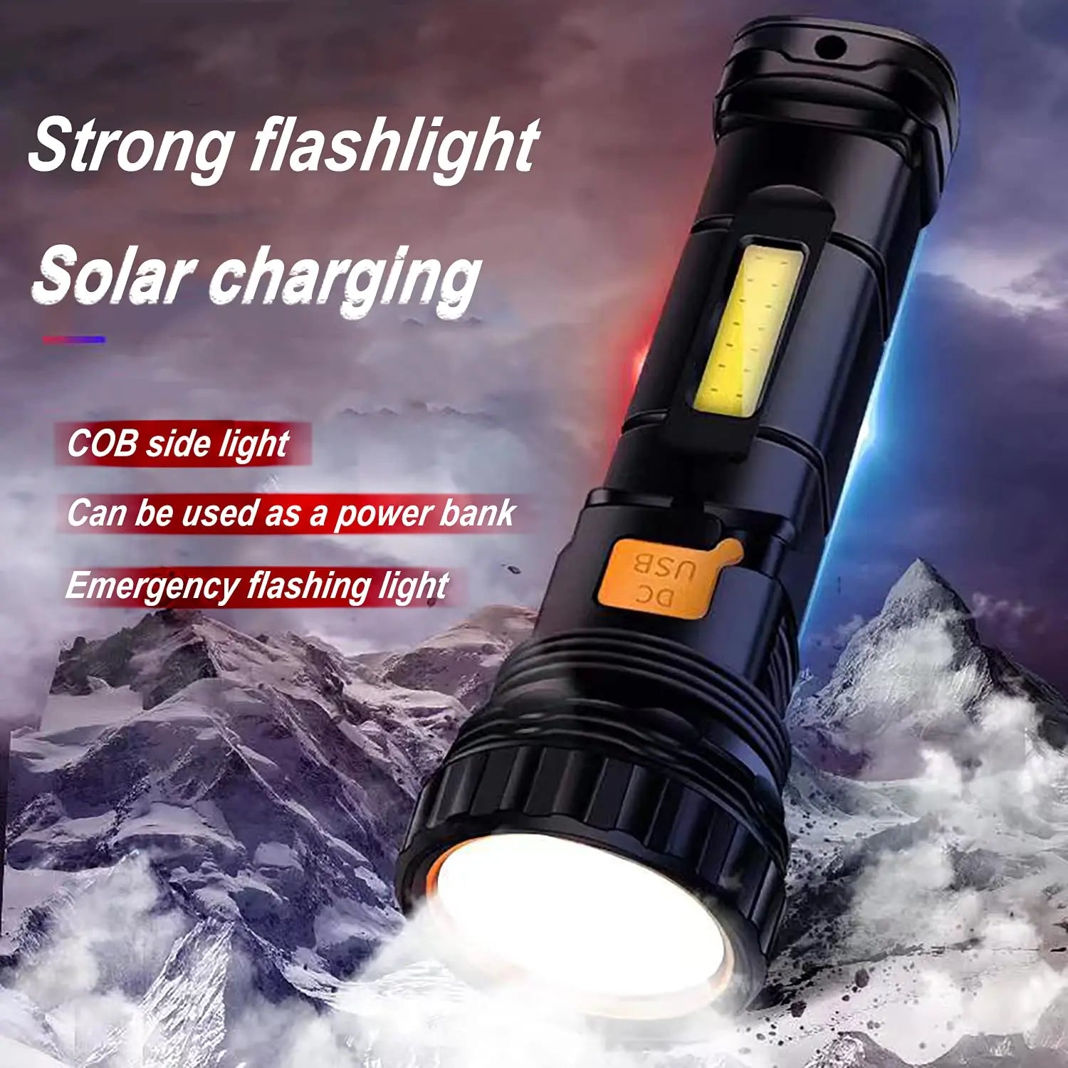 Solar/Rechargeable Multi Function 1000 Lumens LED Flashlight, with Emergency Strobe Light - Koospark