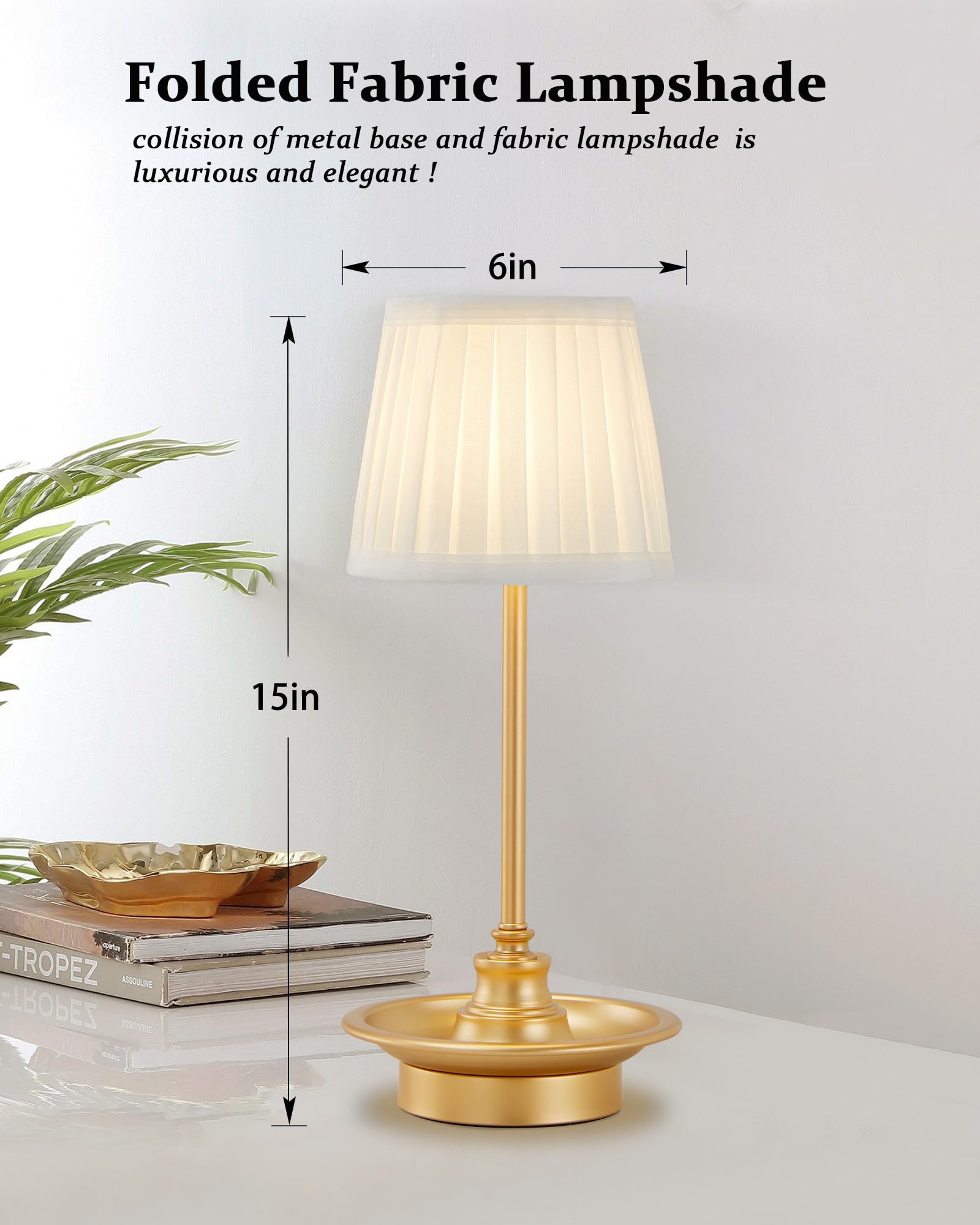 Gyrovu Cordless Table Lamp Rechargeable, Battery Operated Led Table Lamps, Portable Touch Wireless Lamp, 3-Level Brightness Small Bedside Table Lamp Bedroom Ambient Lamp For Restaurant (Fabric Shade)