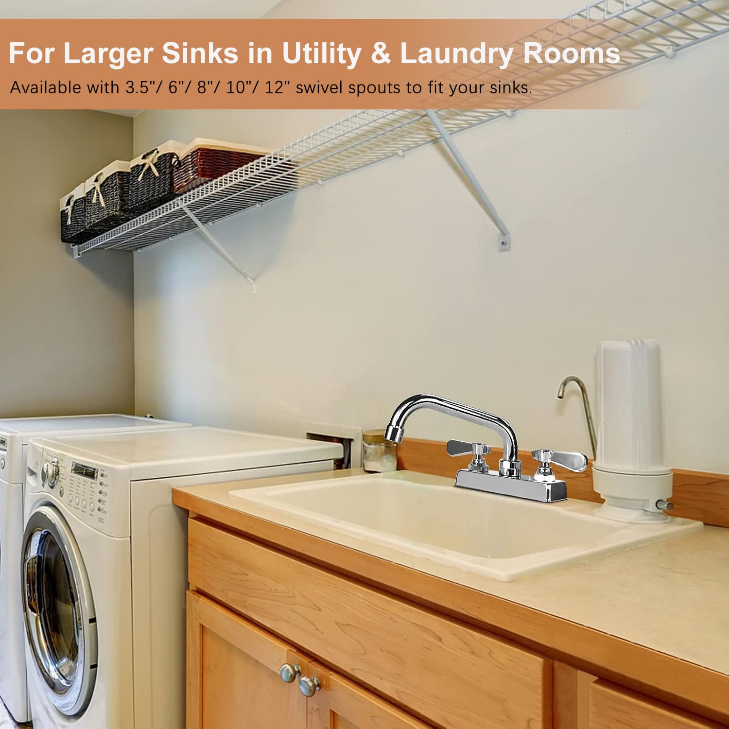 Zkdausdo Commercial Bar Sink Faucet 12" Swivel Spout, Utility Laundry Sink Faucet 4" Center Deck Mount With Ceramic Valve, Leak- Brass Constructed For Large Sink In Kitchen, Laundry Room, Garage