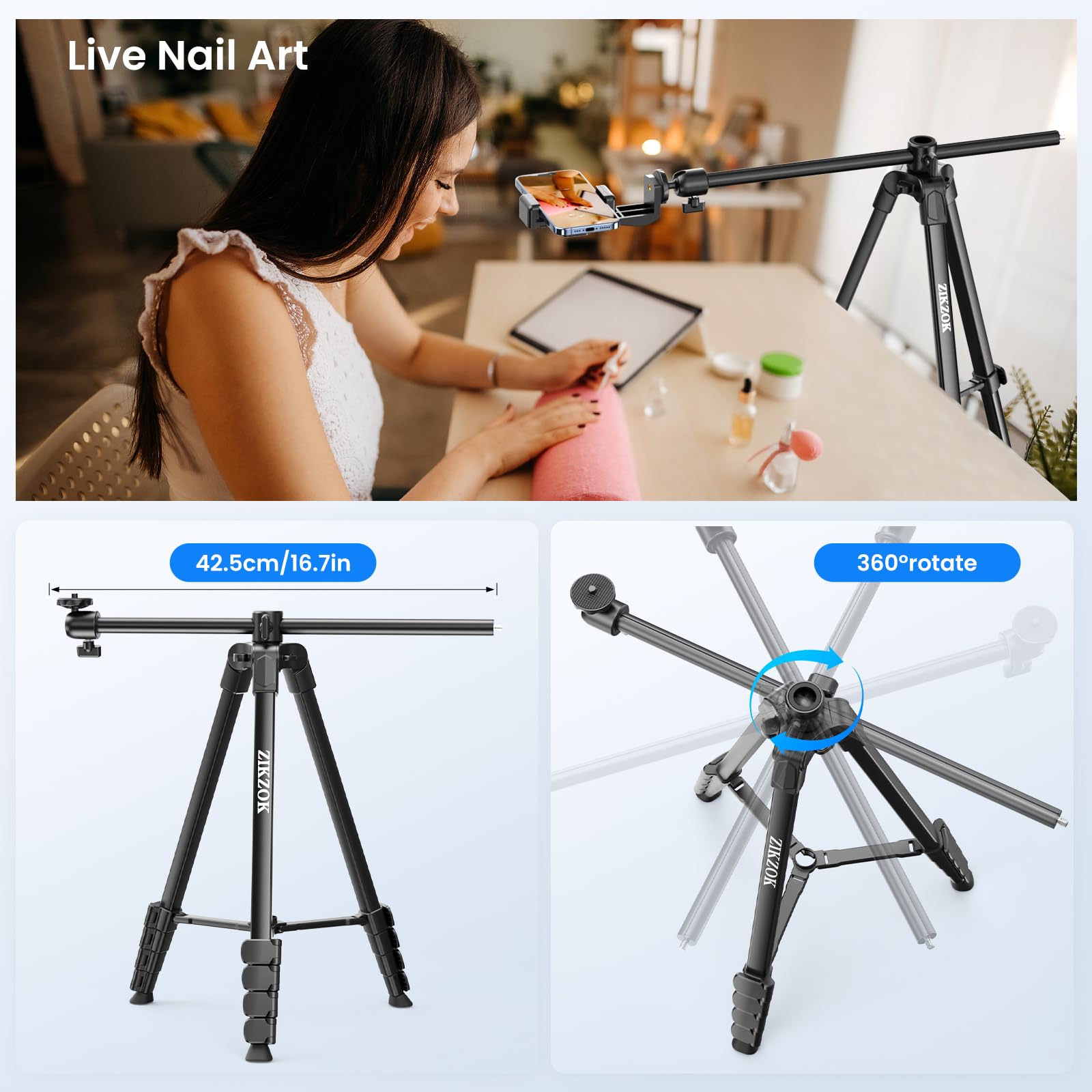 Zikzok 70" Phone Tripod & Selfie Stick, Horizontal Overhead Tripod, Extendable Camera Cell Phone Tripod Stand With Wireless Remote And Phone Holder For Filming Video Recording Live Stream