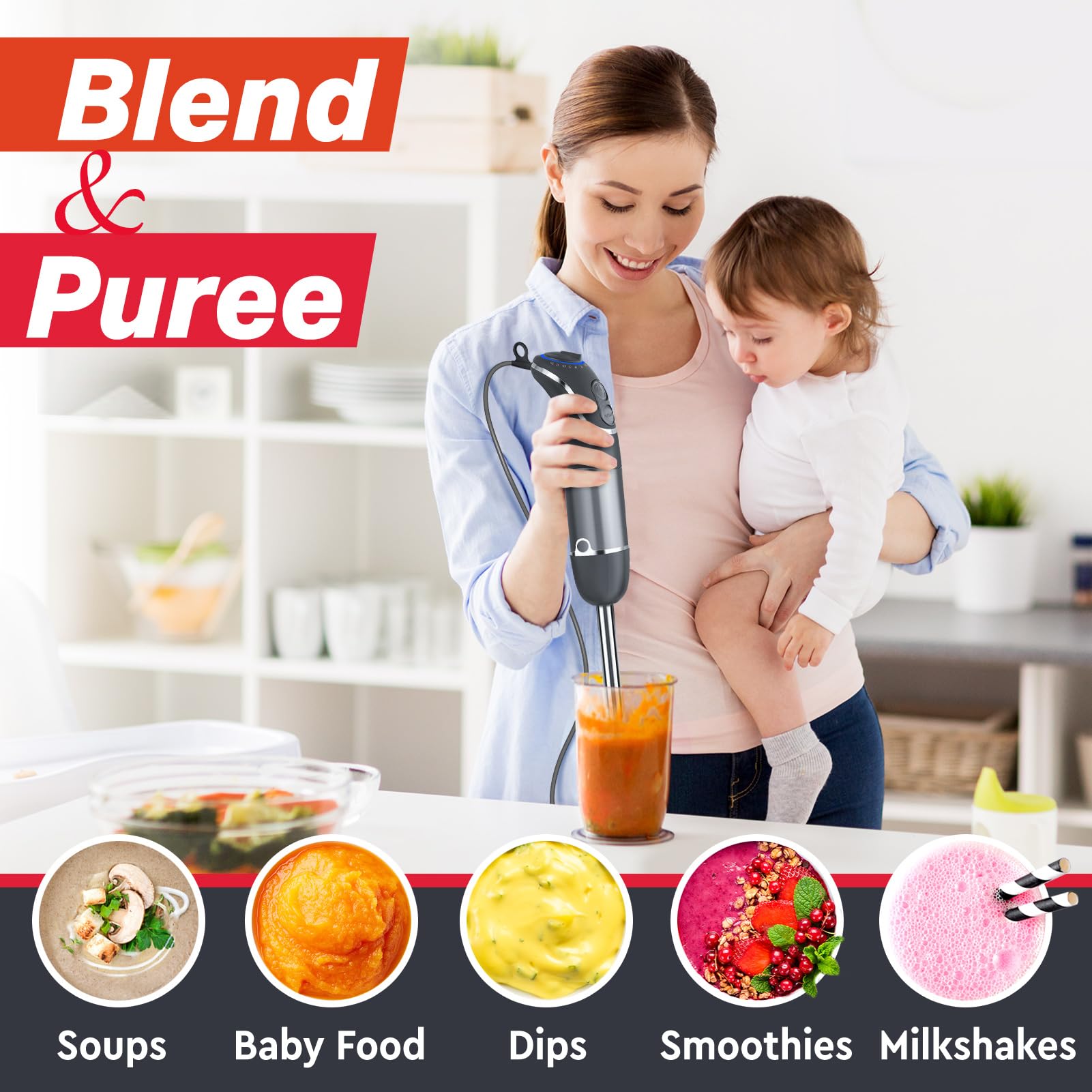 Mueller Multistick 800W 4-In-1 Immersion Blender Handheld, 12 Speed Hand Mixer Turbo Boost, Heaviest Duty Copper Motor, Titanium Blades Hand Blender, Milk Frother Wand, Whisk, Beaker, Chopper, Grey