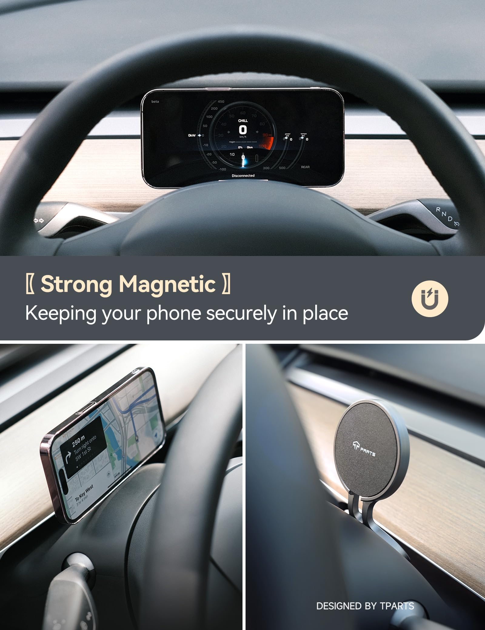 Tparts Steering Wheel Hud Magnetic Cellphone Mount Phone Holder Stand For Tesla Model 3 (18-23) / Model Y (20-24), Compatible With Iphone 12/13/14/15/16 Series And Other 5.4-6.7'' Smartphones (Tp200)