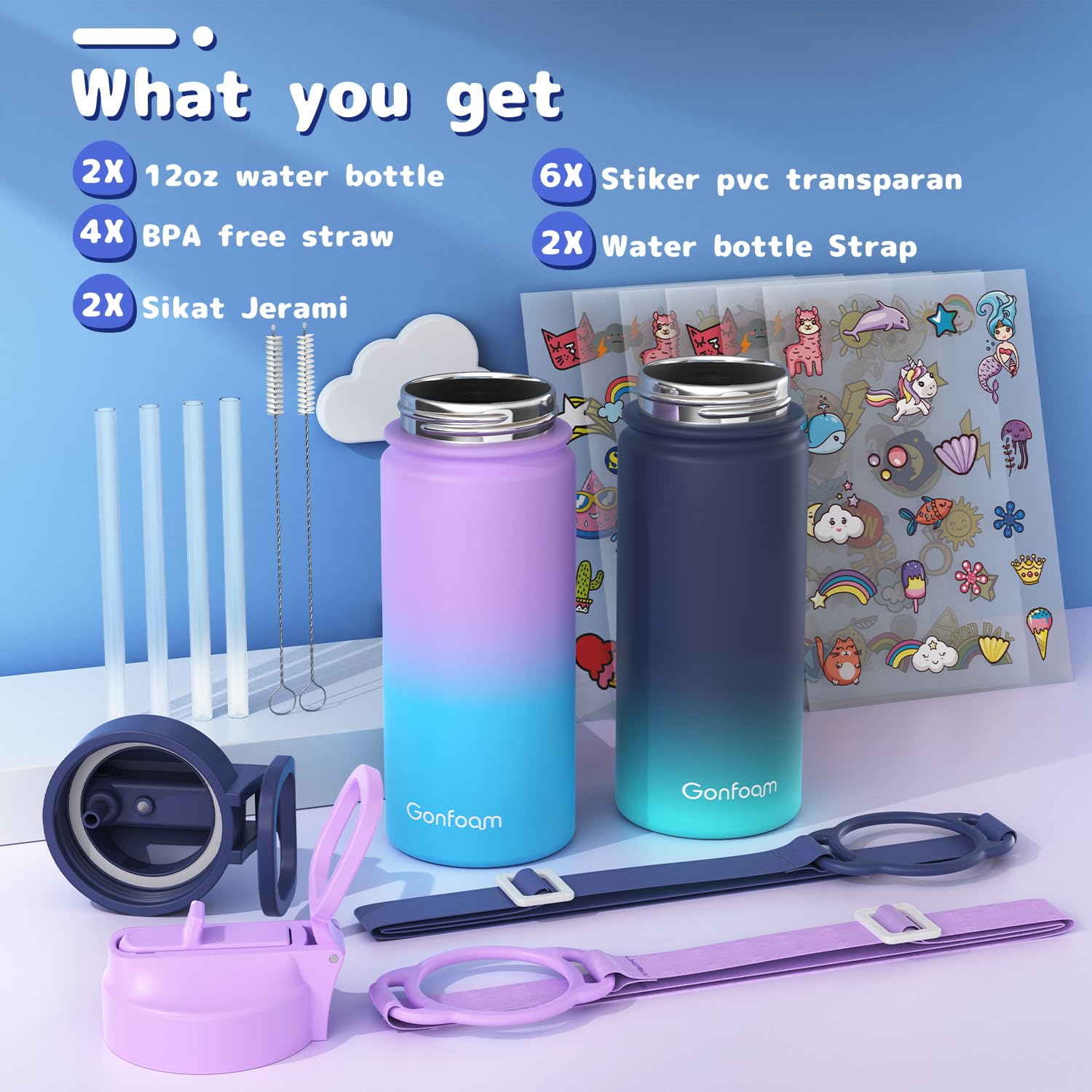 Kids Water Bottle, 2-Pack 16Oz Water Bottles With Stickers And Straw, Stainless Steel Vacuum