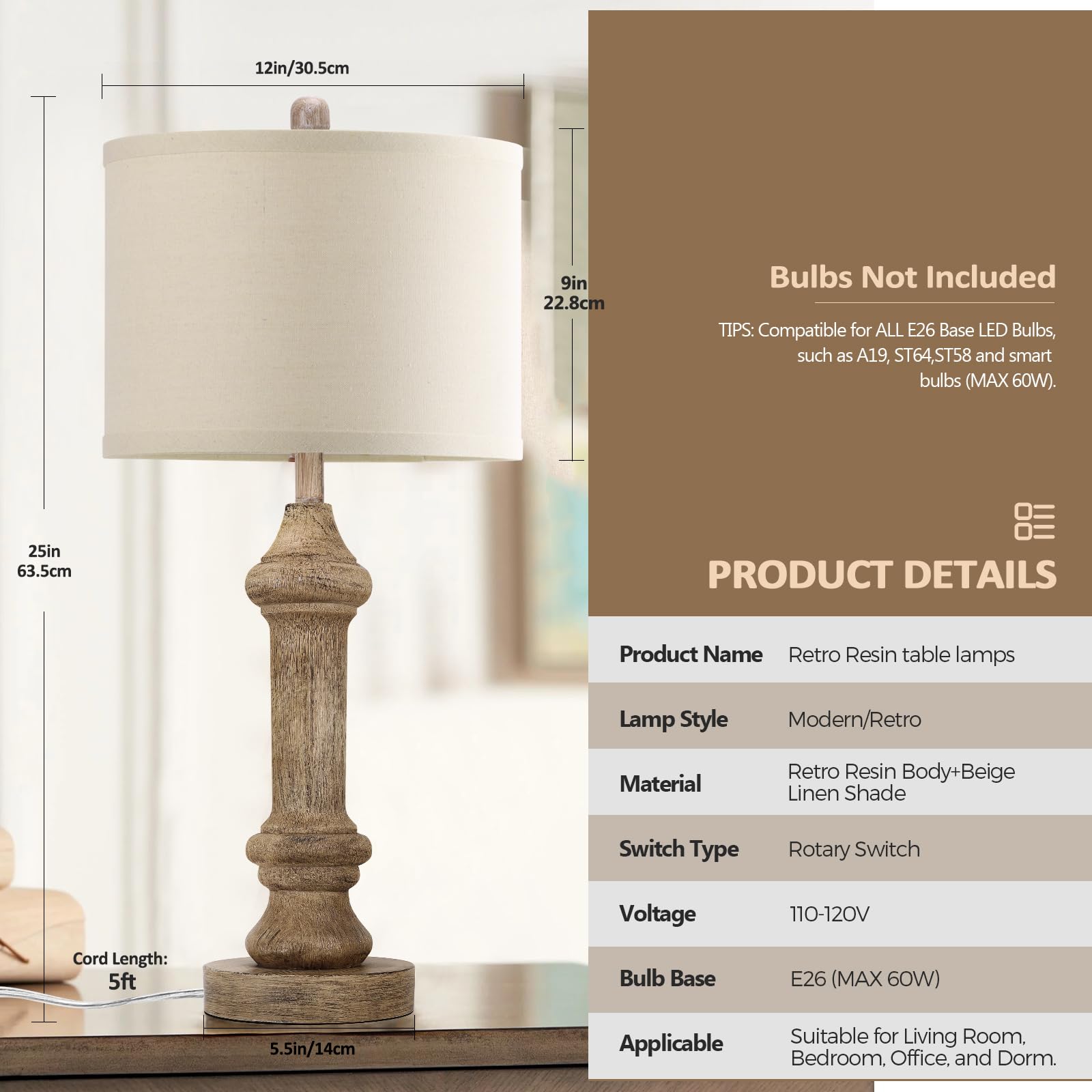 Spclsim Farmhouse Table Lamps For Bedroom Set Of 2, 25" Rustic Living Room End Table Lamps With Beige Resin Body Black Aged Texture Beige Shade, Vintage Bedside Nightstand Lamps, Bulb Not Included