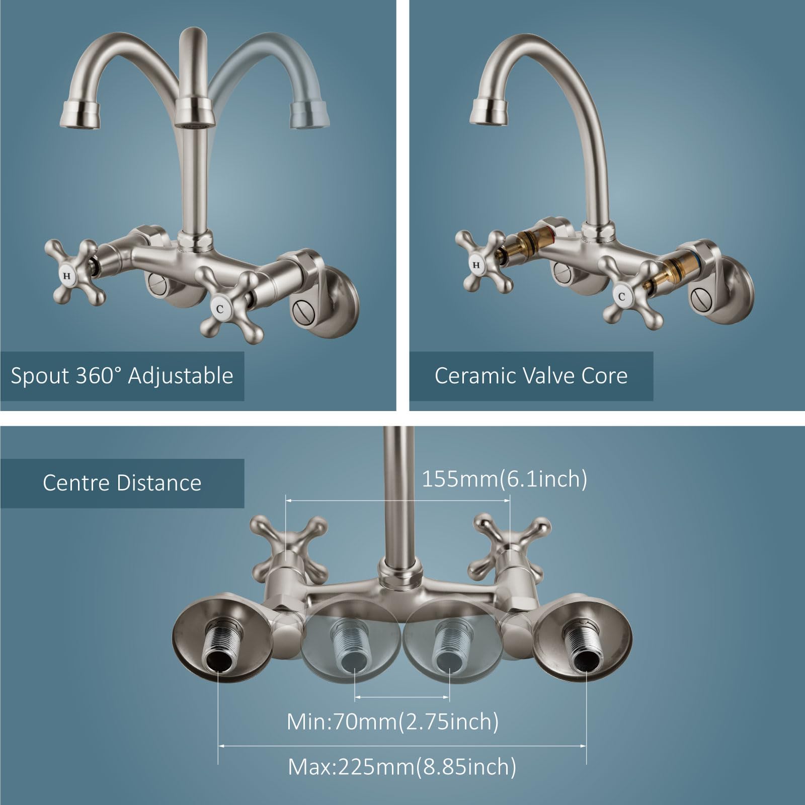 Aolemi Wall Mount Kitchen Faucet 6 Inch Center With Swivel Spout Adjustable Spread 2 Cross Handle Basin Sink Mixer Tap, Brushed Nickel, H&C Label