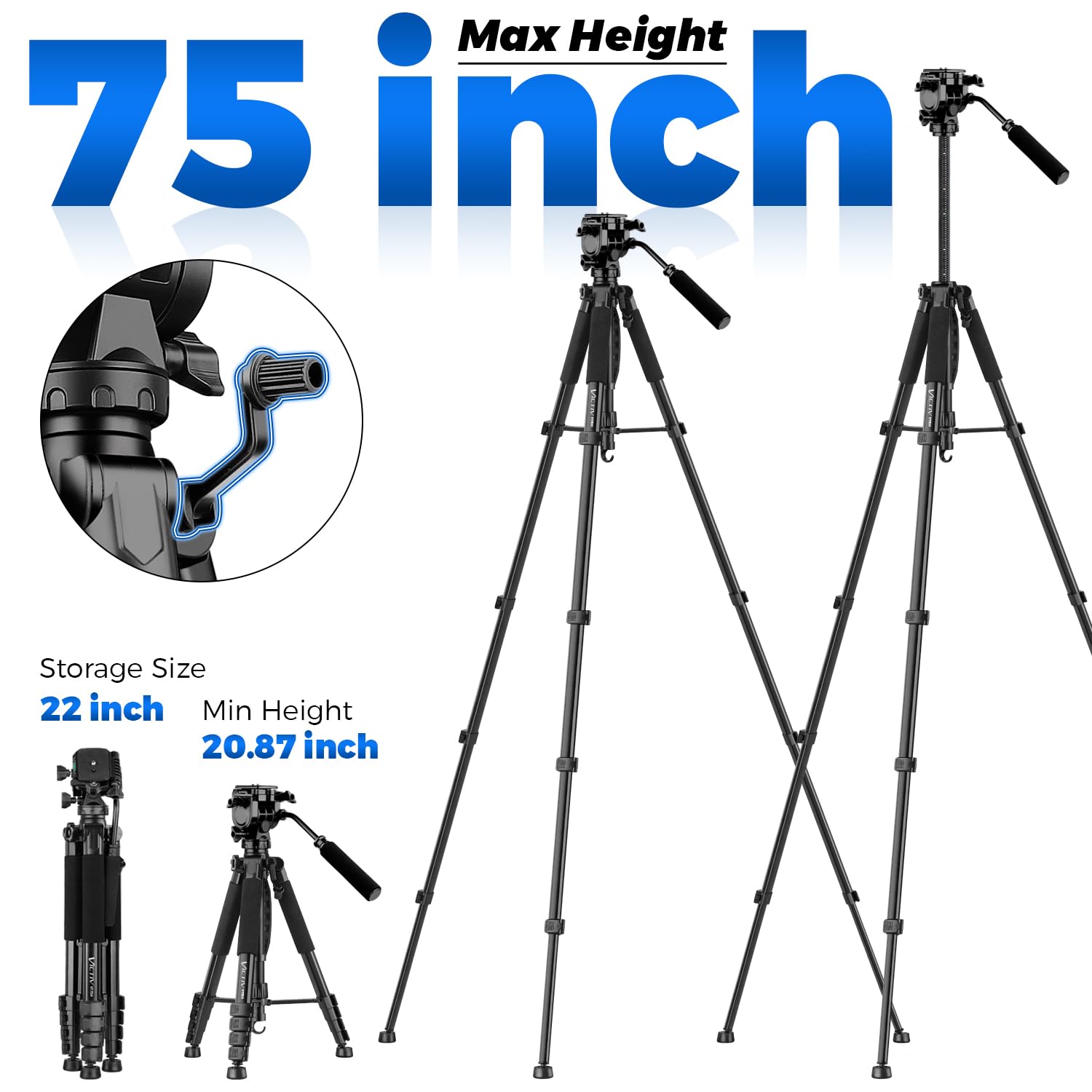 Victiv 75” Camera Tripod Stand, Heavy Duty Tripod For Camera With Phone Holder And Travel Bag, Compatible With Video Camera, Dslr, Spotting Scopes, Camcorder, Gopro, Cell Phone, Max Load 11Lb (Black)