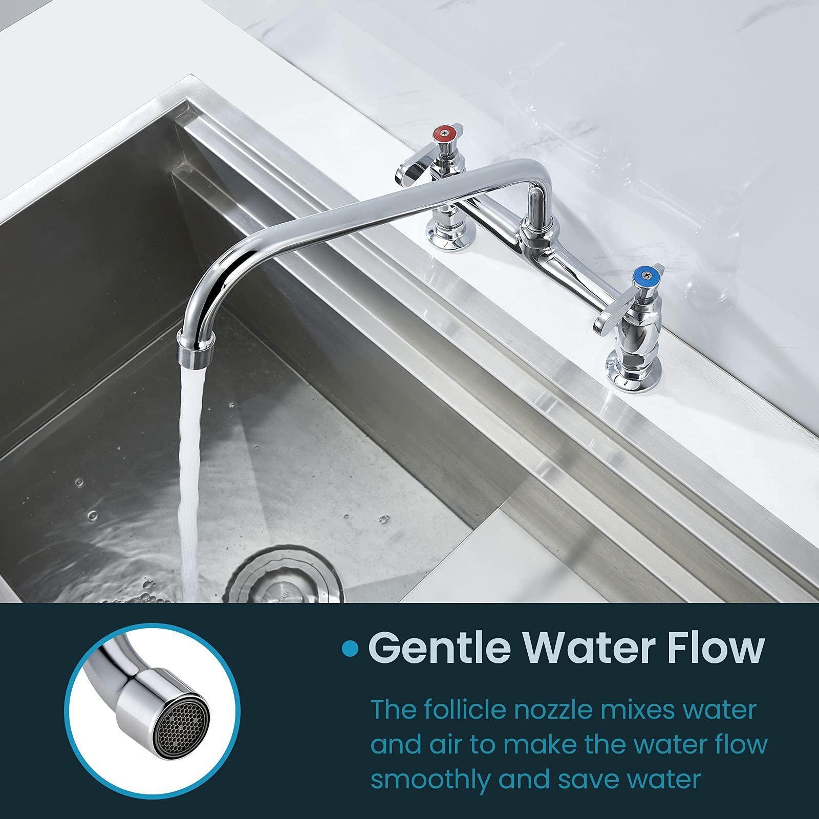 Favorpo Deck Mount Commercial Sink Faucet 8 Inch Center With 12 Inch Swviel Spout Kitchen Faucet For Restaurants Laundry Room Utility Sink 2 Handle 2 Holes Brass Structure
