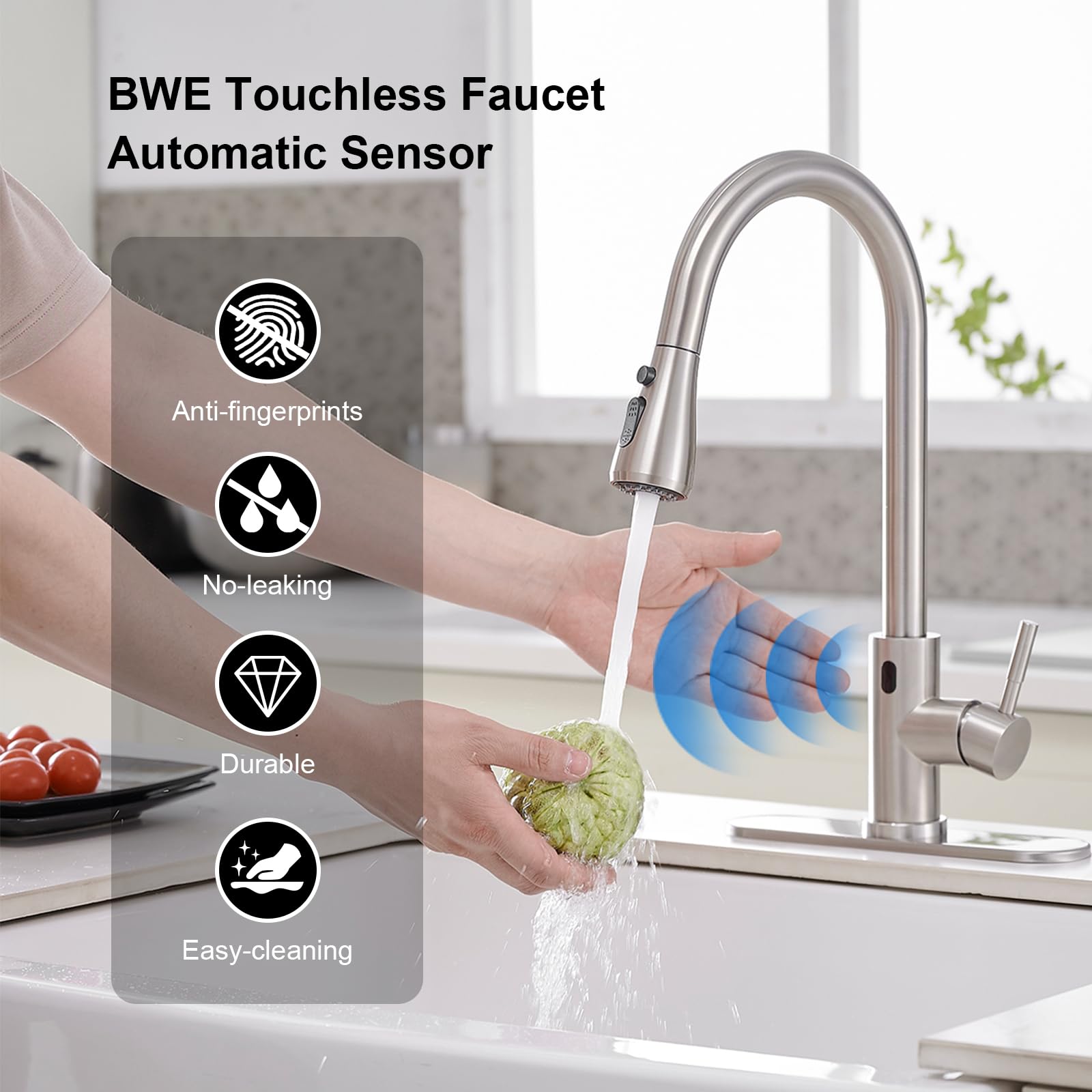 Bwe Touchless Kitchen Faucet With Pull Down Sprayer,Single Handle Motion Sensor Kitchen Sink Faucet,High Arc Smart Commercial Faucet For Kitchen Sink Hands-,Brushed Nickel