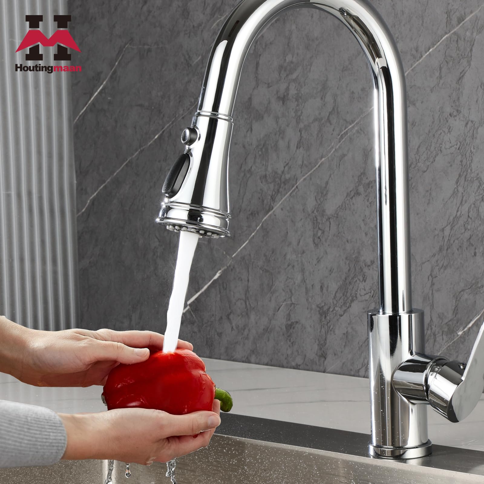 Houtingmaan Kitchen Faucet Head Replacement, 3 Function Pull Down Spray Head, Faucet Sprayer Nozzle With 11 Adapters, Compatible With Delta,Kohler,American Standard,Moen Faucet,Sink Faucet Head Chrome