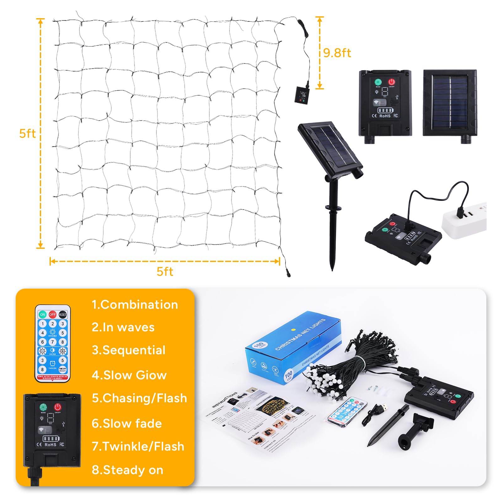 Aolupal Solar Net Christmas Lights Outdoor,8 Modes 100Led Bush Net Light For Shrubs,5Ftx5Ft Connectable Mesh Tree For Garden Home Party Christmas Decor