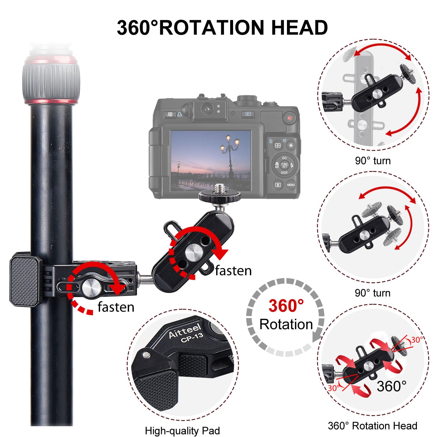 Aitteel Super Clamp Magic Arm, Dual Ball Head, Expandable Cold Shoe 1/4 3/8 Threaded For Desktop, Tripod, Outdoor, Railing, For Cameras, Sports Cameras, Dslrs, Cell Phones, Gopro, Microphones Monitors, Leds