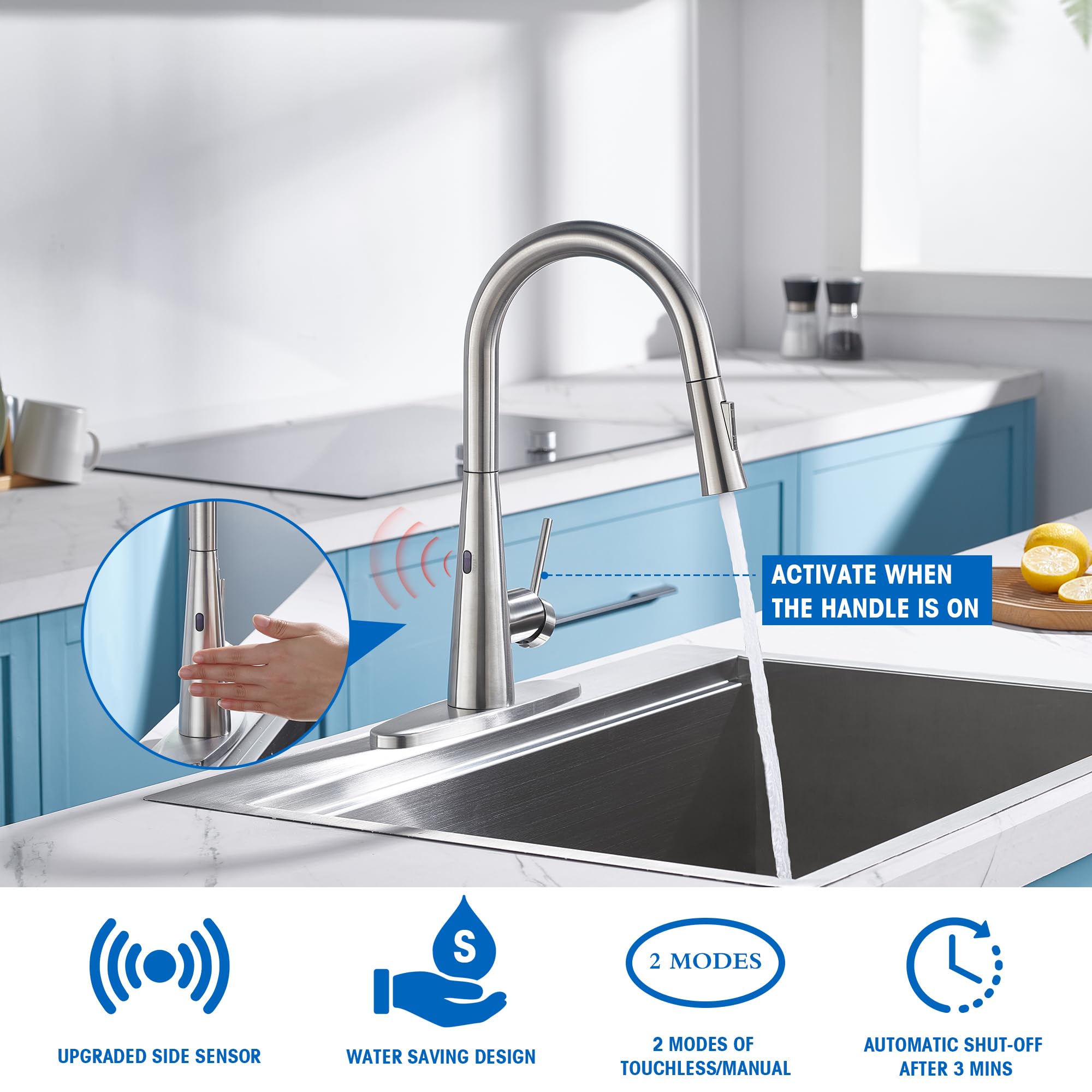 Tohlar Touchless Kitchen Sink Faucets With Pull Down Sprayer Brushed Nickel, Modern Side Sensor Faucet For Sink 3 Hole, Single Handle Stainless Steel Kitchen Faucet With Deck Plate