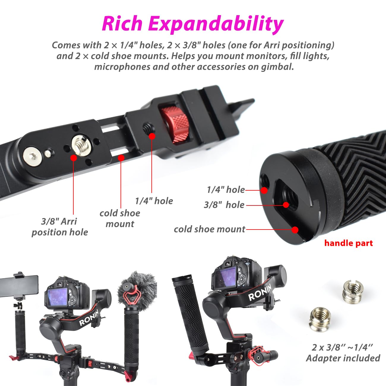 Akeipho Adjustable Nato Briefcase Sling Handle For Dji Ronin Rsc2 / Rs3 / Rs3 Mini, Gimbal Handgrip Extension Grip With Cold Shoe Mount 1/4" 3/8" Holes For Video Light, Microphone, Monitor