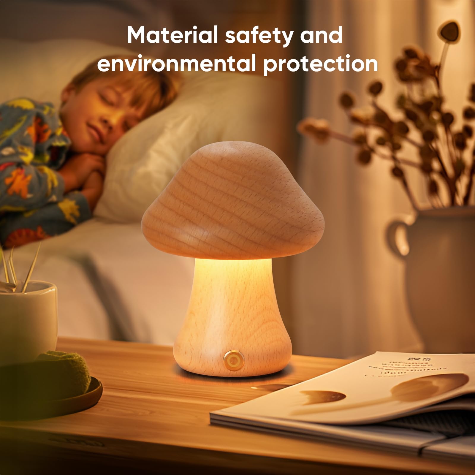Lonrisway Creative Wood Mushroom Table Lamp, Led Desk Lamp, Bedroom Bedside Night Light, Dimmable Led Lighting, Creative Home Decor Table Lamp, Unique House Warm