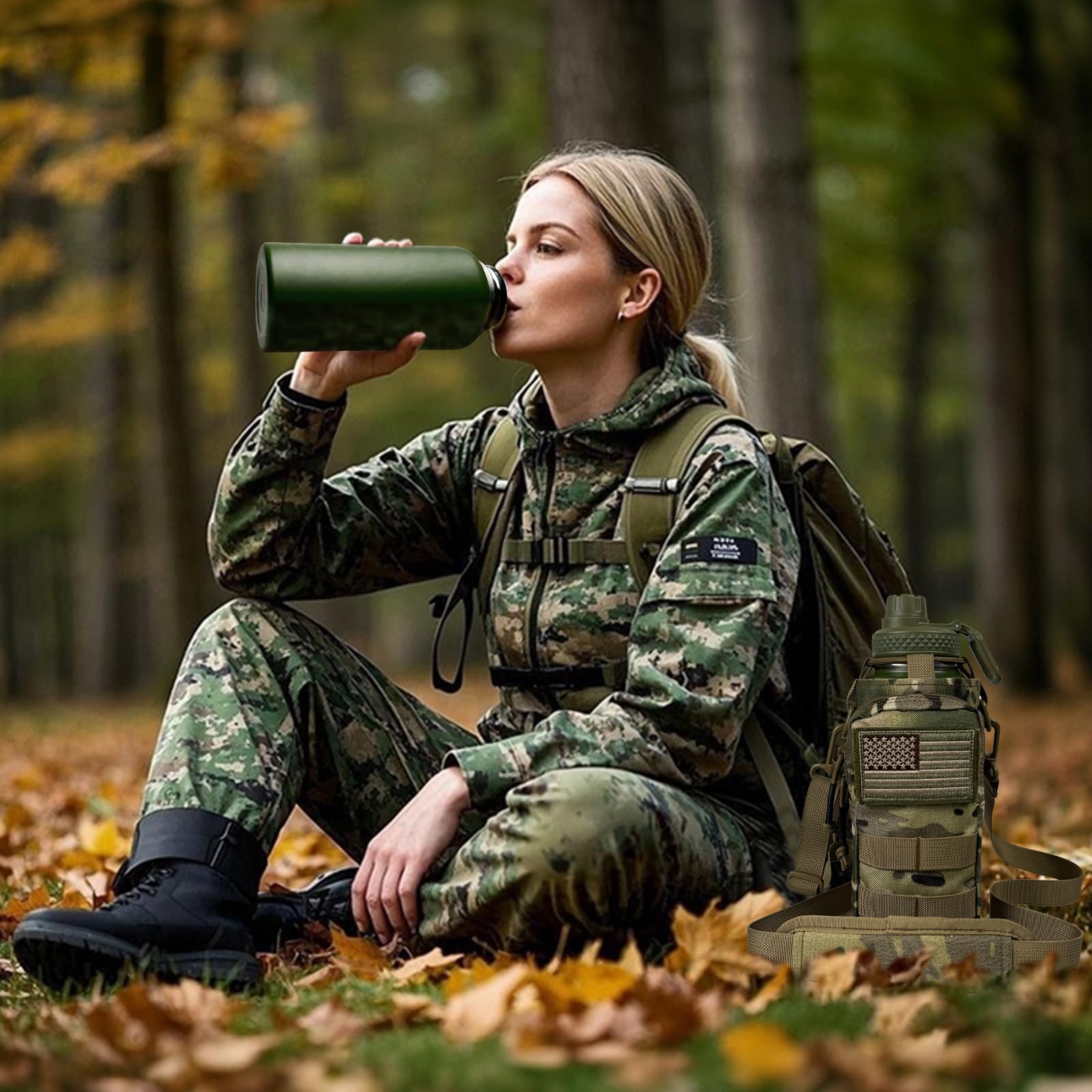 32 Oz Water Bottle With Sleeve - Military Green Stainless Steel Metal Insulated Water Jug