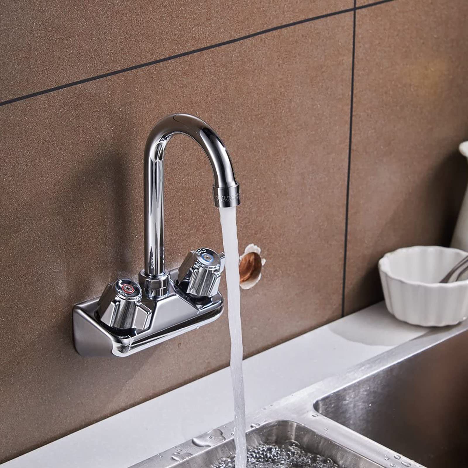 Bathfinesse Kitchen Sink Faucet Wall Mount 4" Center Commercial Kitchen Sink Faucet With 3-1/2" Gooseneck Spout Two Knob Handles Brass Constructed Mixer Tap Chrome Polished
