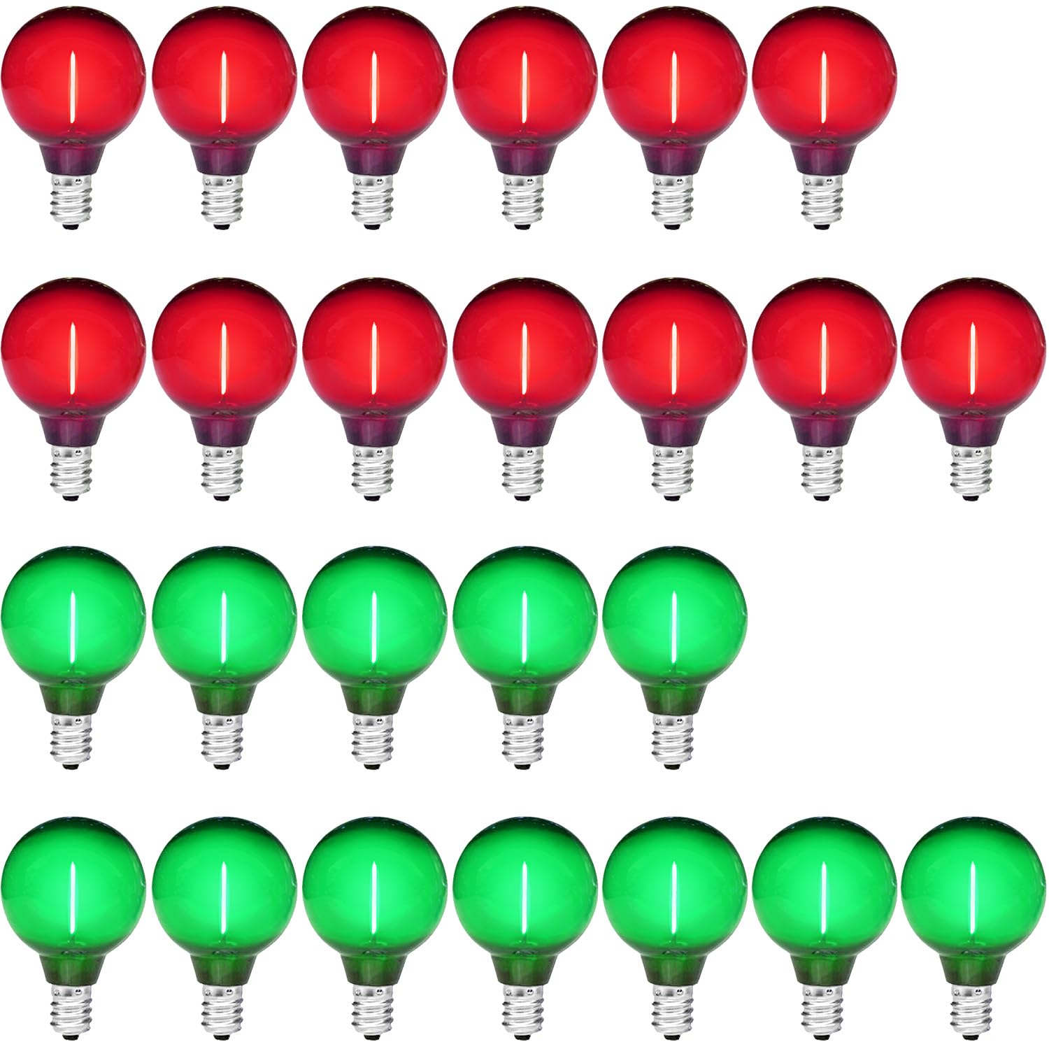 Guileduo 25 Pack G40 Led Red And Green Light Bulbs, 1 Watt Colored String Lights, Plastic Shatterproof E12 Base, Outdoor Replacement For Christmas Halloween, 120 Volt