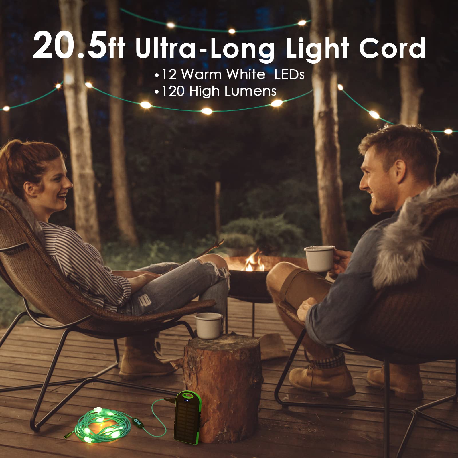 Anpro Solar Camping String Lights - 20.5Ft Solar String Lights Outdoor Waterproof W/12Leds, Rechargeable Light With Adjustable Brightness And 7 Modes, Led Camping Lights For Decor Outdoor Hiking